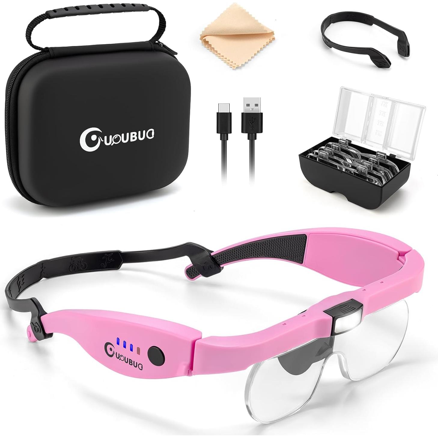 Lupa de Cabeza con Luz LED GUOUBUO 1.5X-5X Rosada