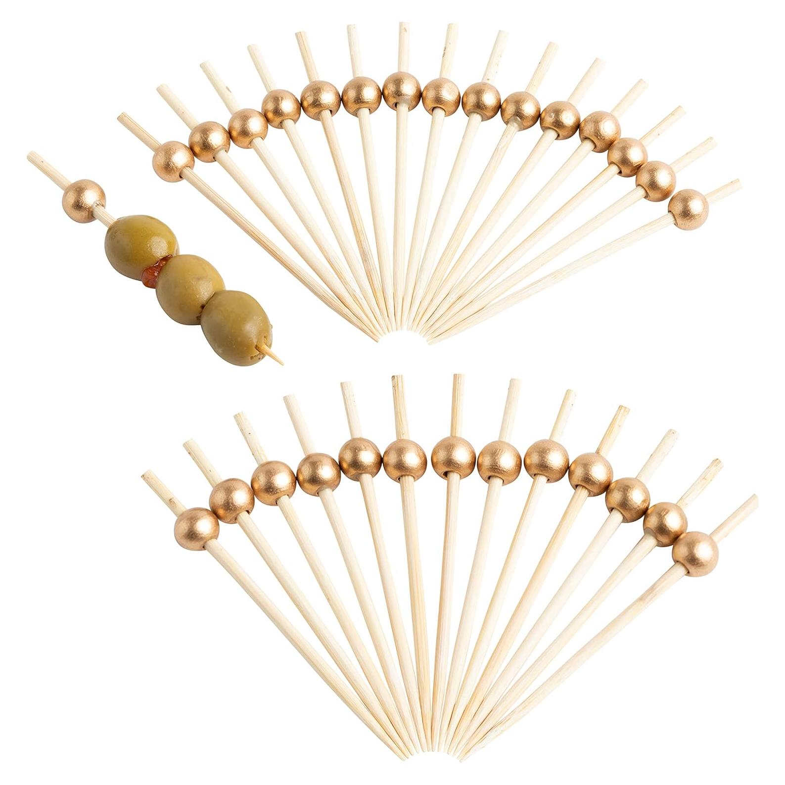 Palillos de cóctel de bambú con bola dorada - 400 unidades