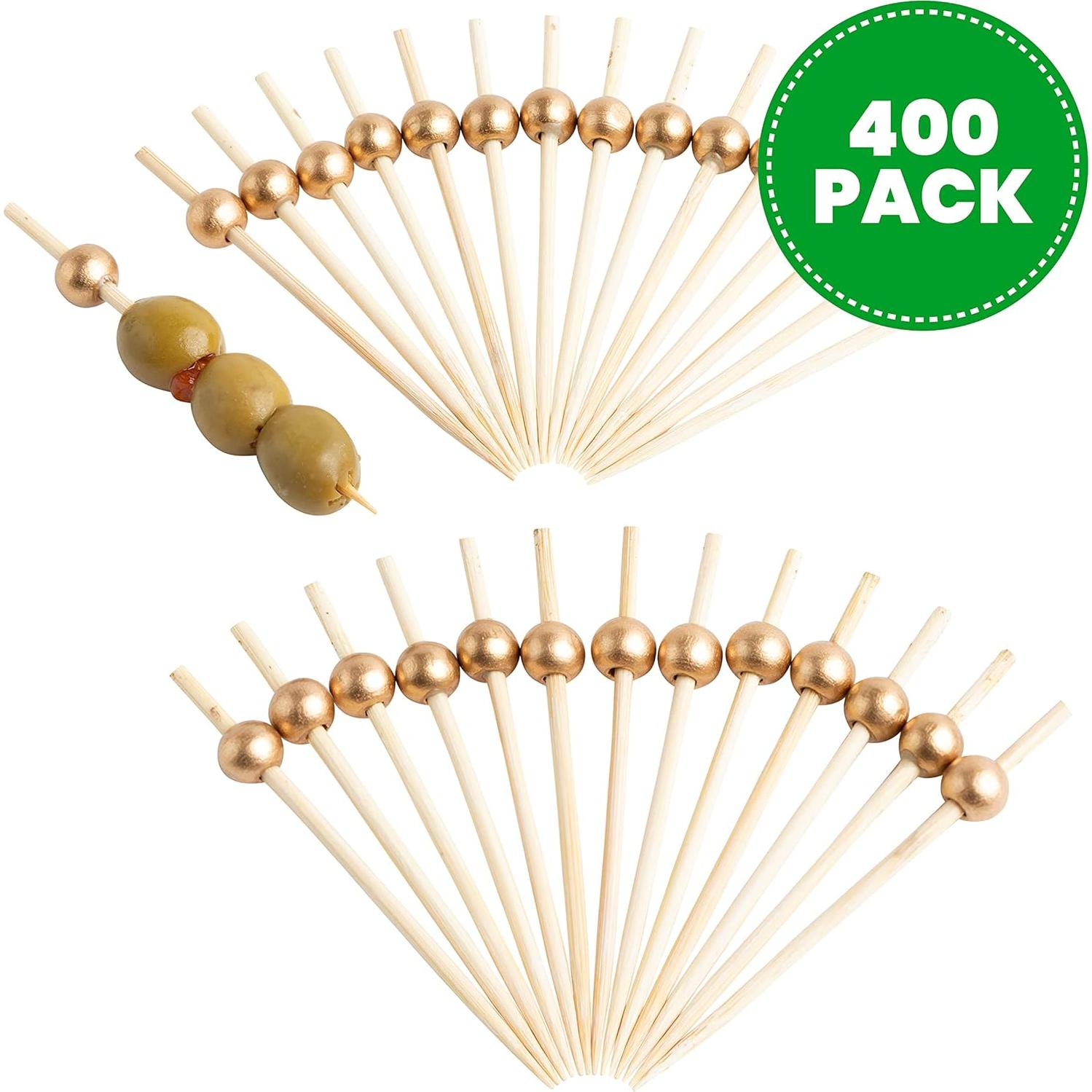 Palillos de cóctel de bambú con bola dorada - 400 unidades