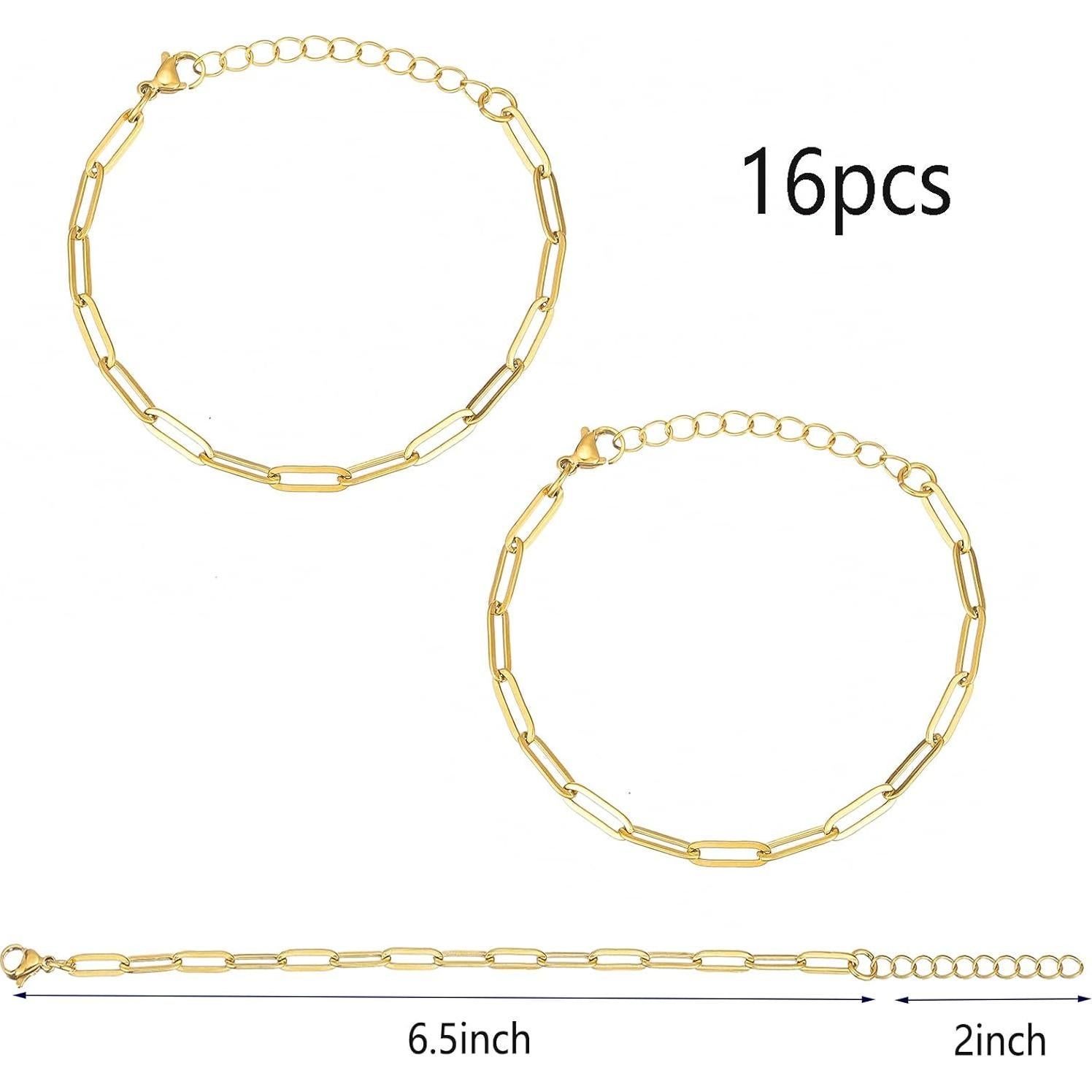 Paquete de 16 Pulseras de Encanto KEIAOUE de Acero Inoxidable Oro