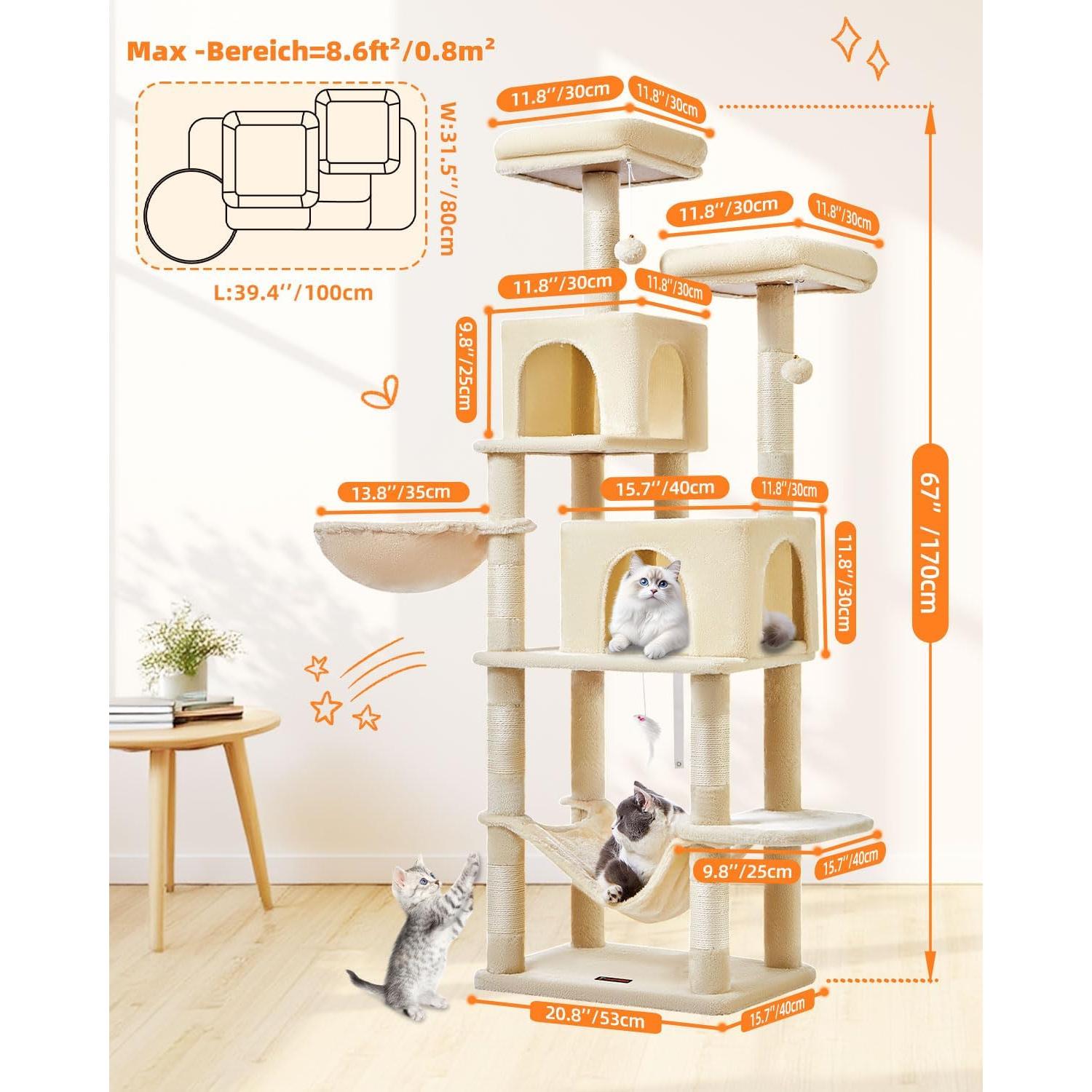 Árbol para Gatos Taoqimiao 168 cm Beige con 7 Postes y Hamaca