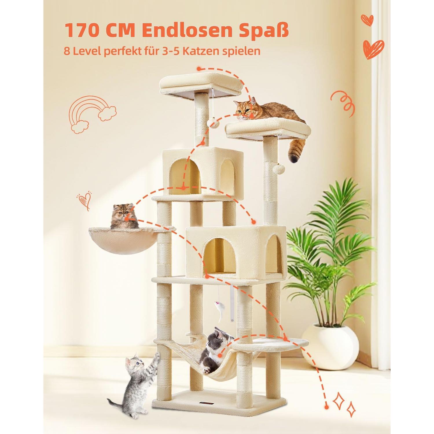 Árbol para Gatos Taoqimiao 168 cm Beige con 7 Postes y Hamaca
