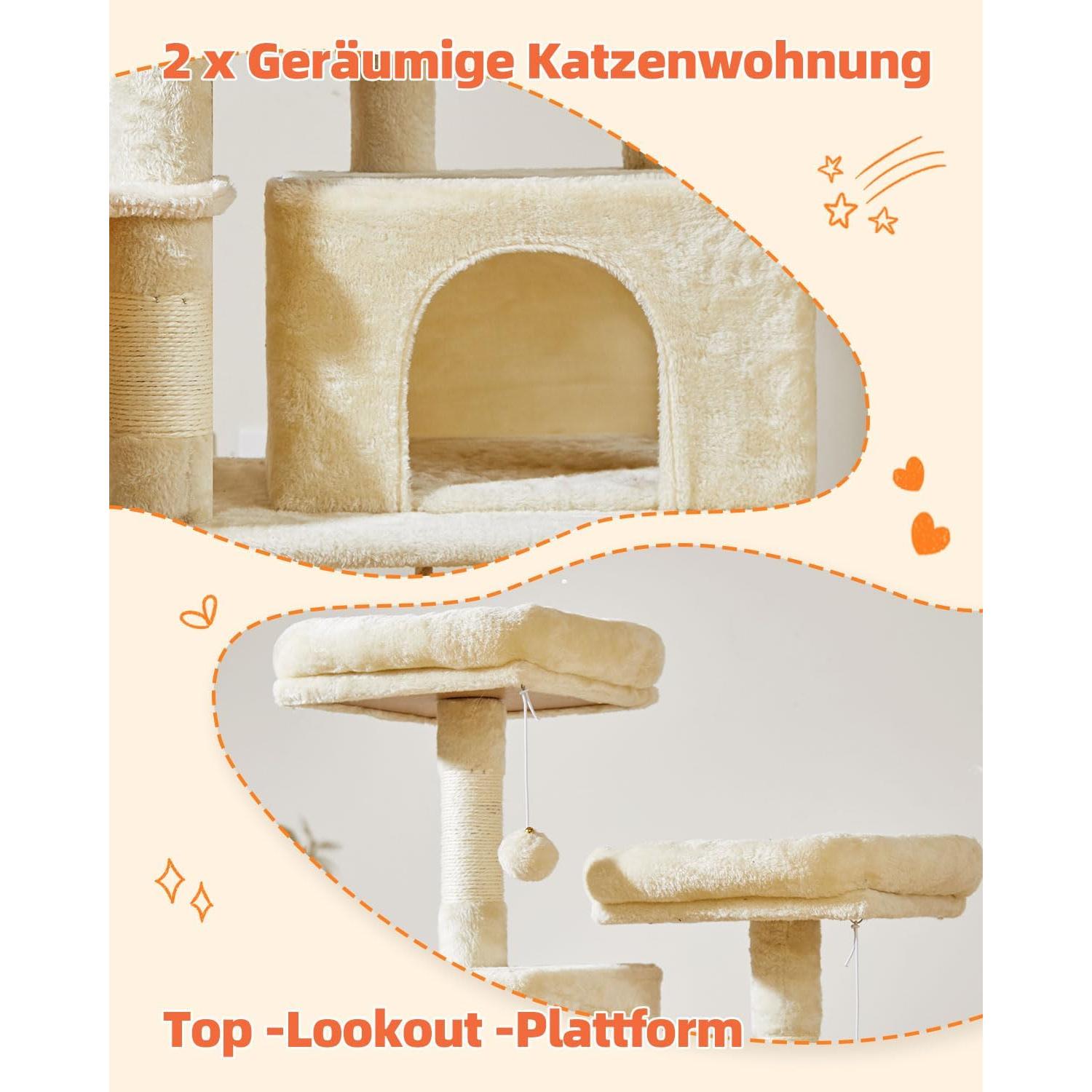 Árbol para Gatos Taoqimiao 168 cm Beige con 7 Postes y Hamaca