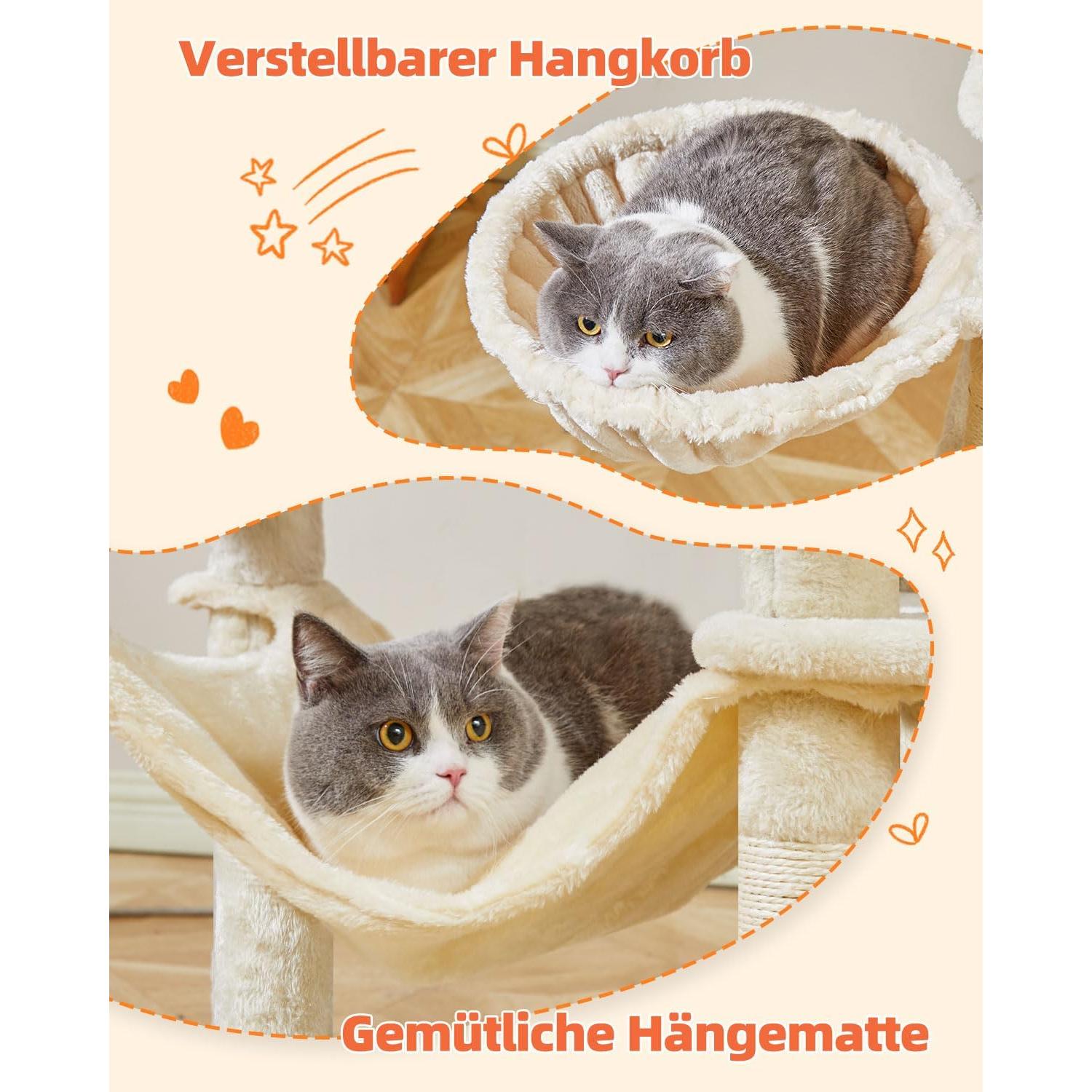 Árbol para Gatos Taoqimiao 168 cm Beige con 7 Postes y Hamaca