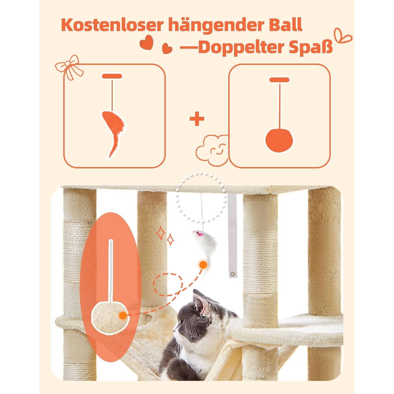 Árbol para Gatos Taoqimiao 168 cm Beige con 7 Postes y Hamaca