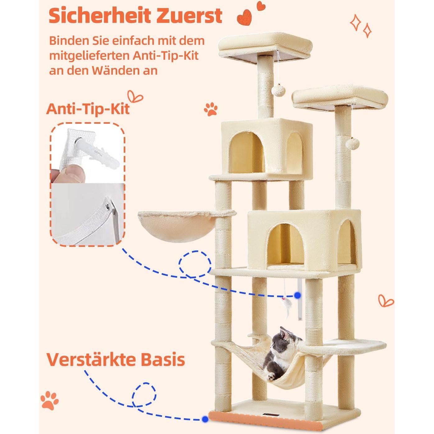 Árbol para Gatos Taoqimiao 168 cm Beige con 7 Postes y Hamaca