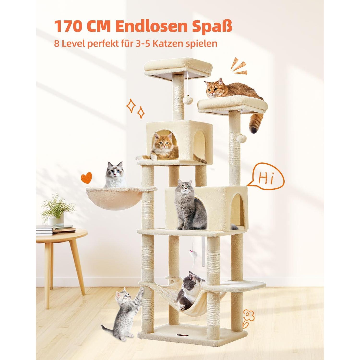 Árbol para Gatos Taoqimiao 168 cm Beige con 7 Postes y Hamaca