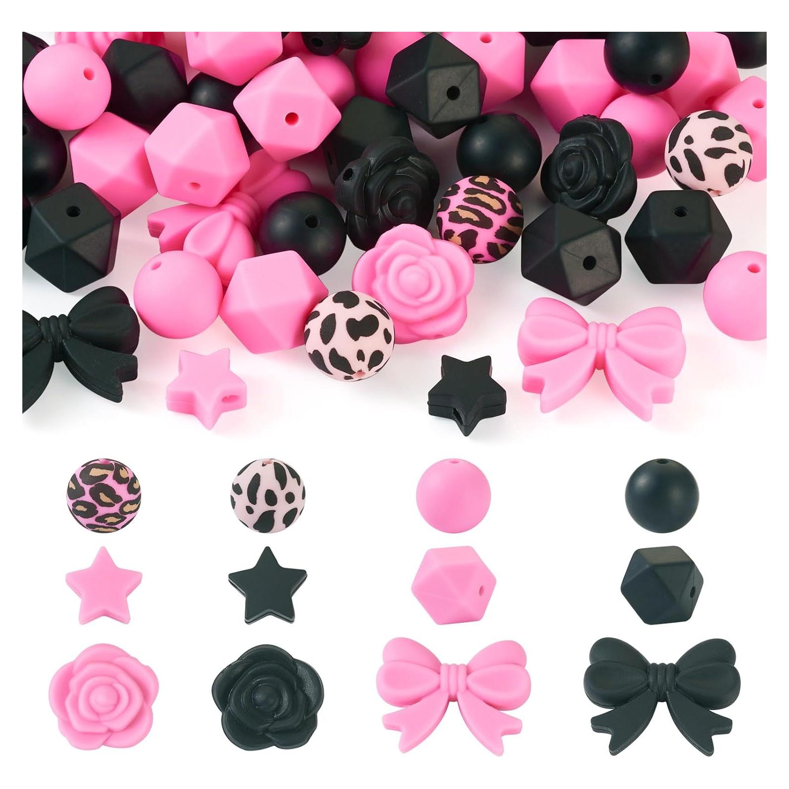 64 Perlas de Silicona Rosa y Negra Spritewelry para Joyería DIY