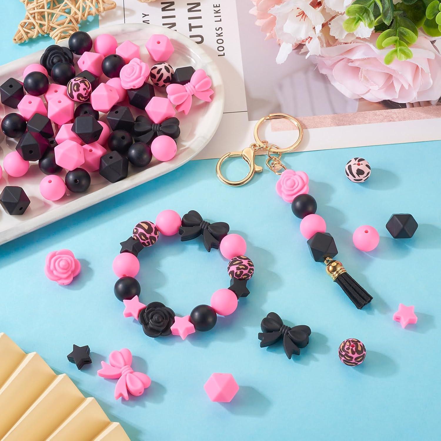 64 Perlas de Silicona Rosa y Negra Spritewelry para Joyería DIY