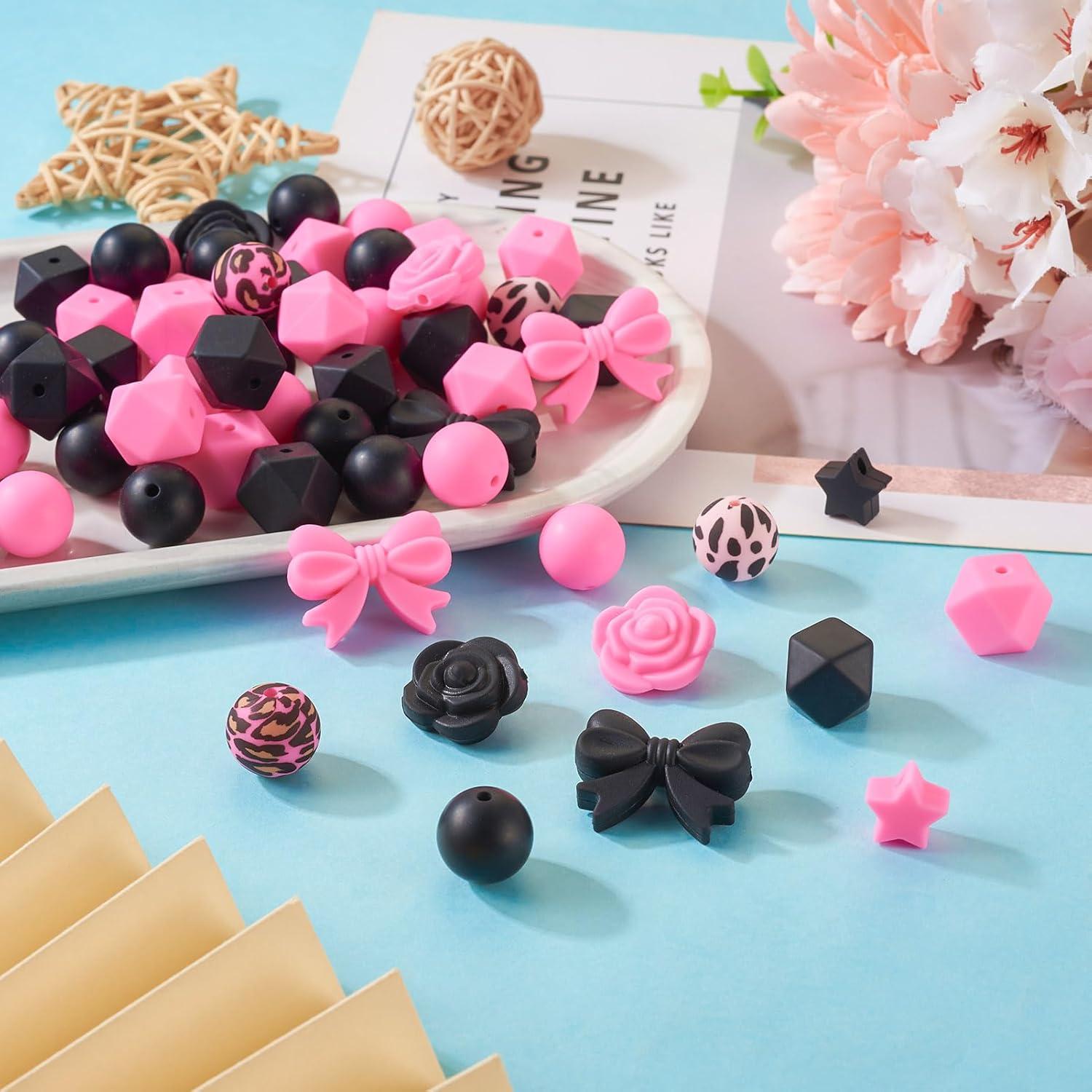 64 Perlas de Silicona Rosa y Negra Spritewelry para Joyería DIY