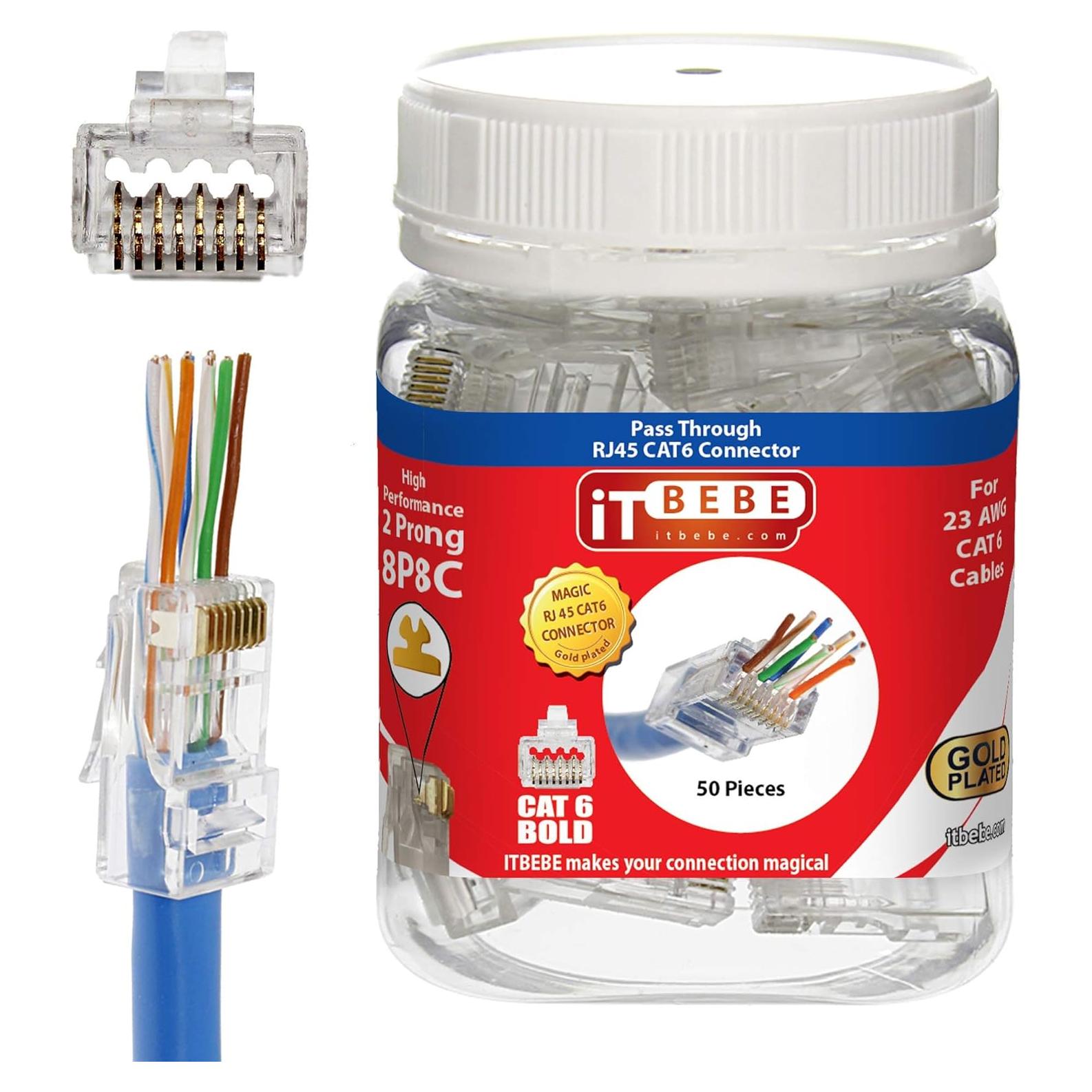 Conectores RJ45 Cat6a ITBEBE - 50 Piezas Baño de Oro 23 AWG