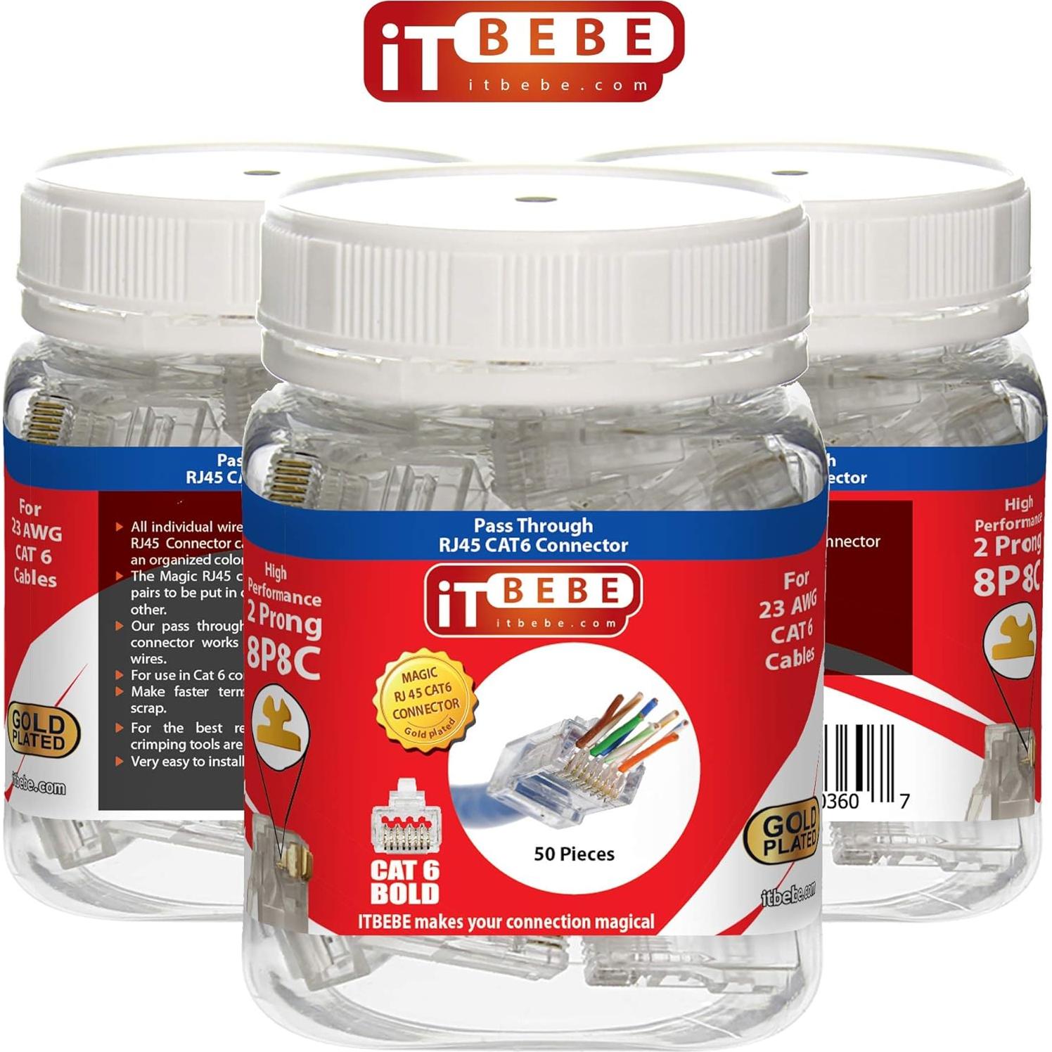 Conectores RJ45 Cat6a ITBEBE - 50 Piezas Baño de Oro 23 AWG