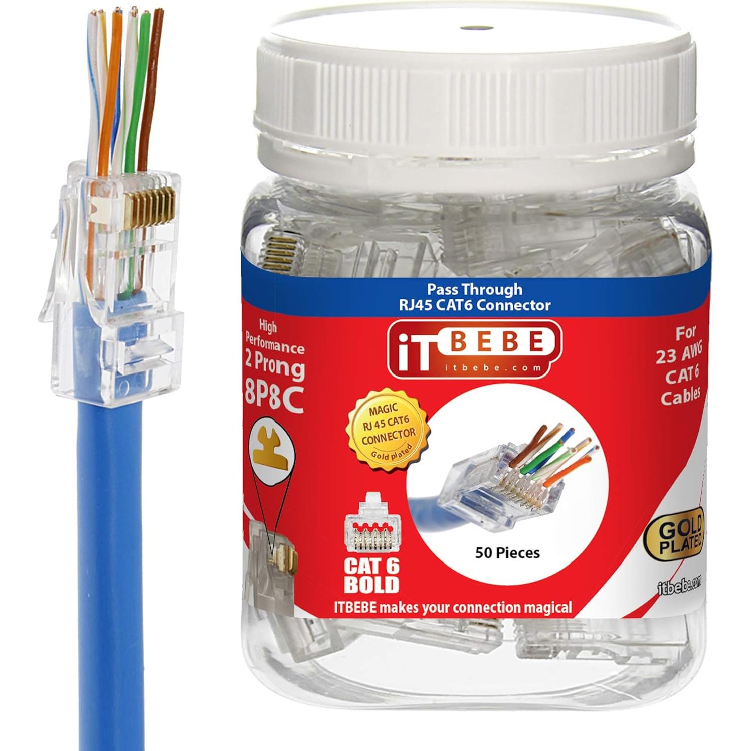 Conectores RJ45 Cat6a ITBEBE - 50 Piezas Baño de Oro 23 AWG