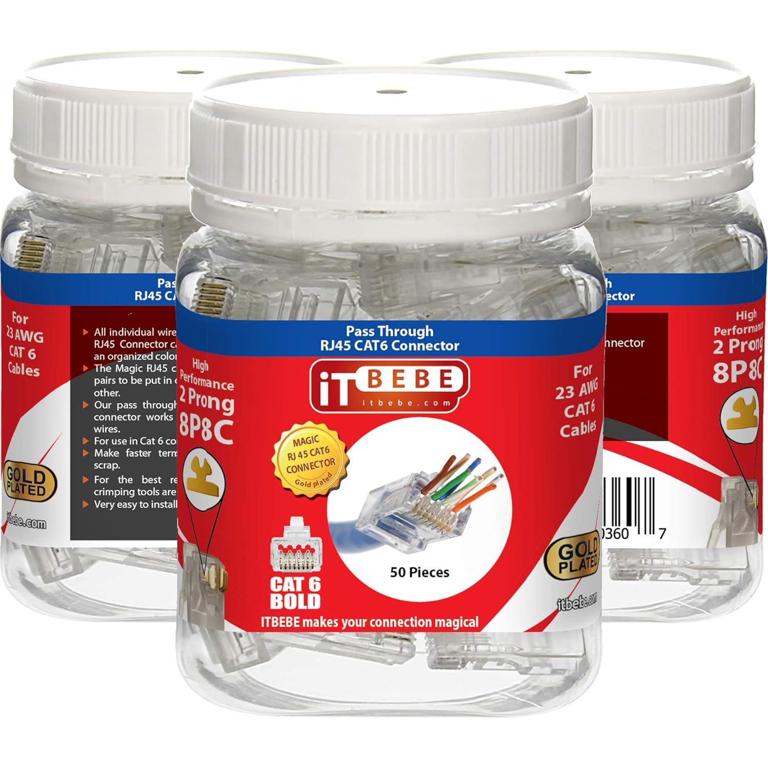 Conectores RJ45 Cat6a ITBEBE - 50 Piezas Baño de Oro 23 AWG