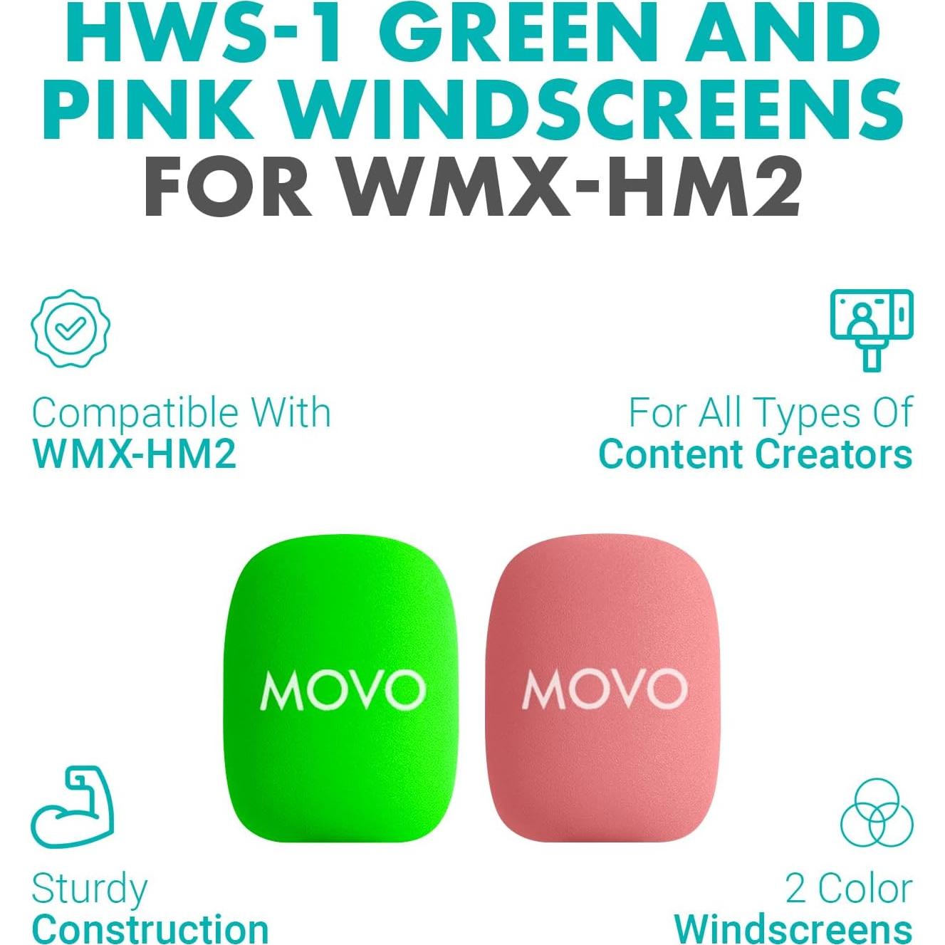 Movo HWS-1 Colored Windscreens – 2-Pack Foam Mic Covers for Lavalier Microphones – Pink & Green Mic Windshields Compatible WMX-HM2 Handle & Rode Interview GO