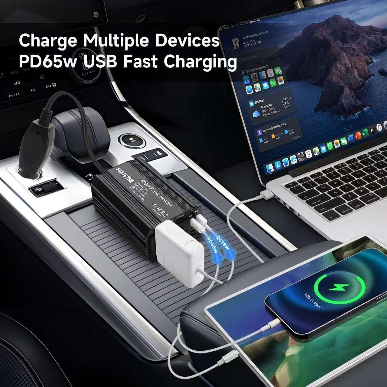 Inversor de Potencia 400W FSATBTNE con 2 Salidas AC y USB