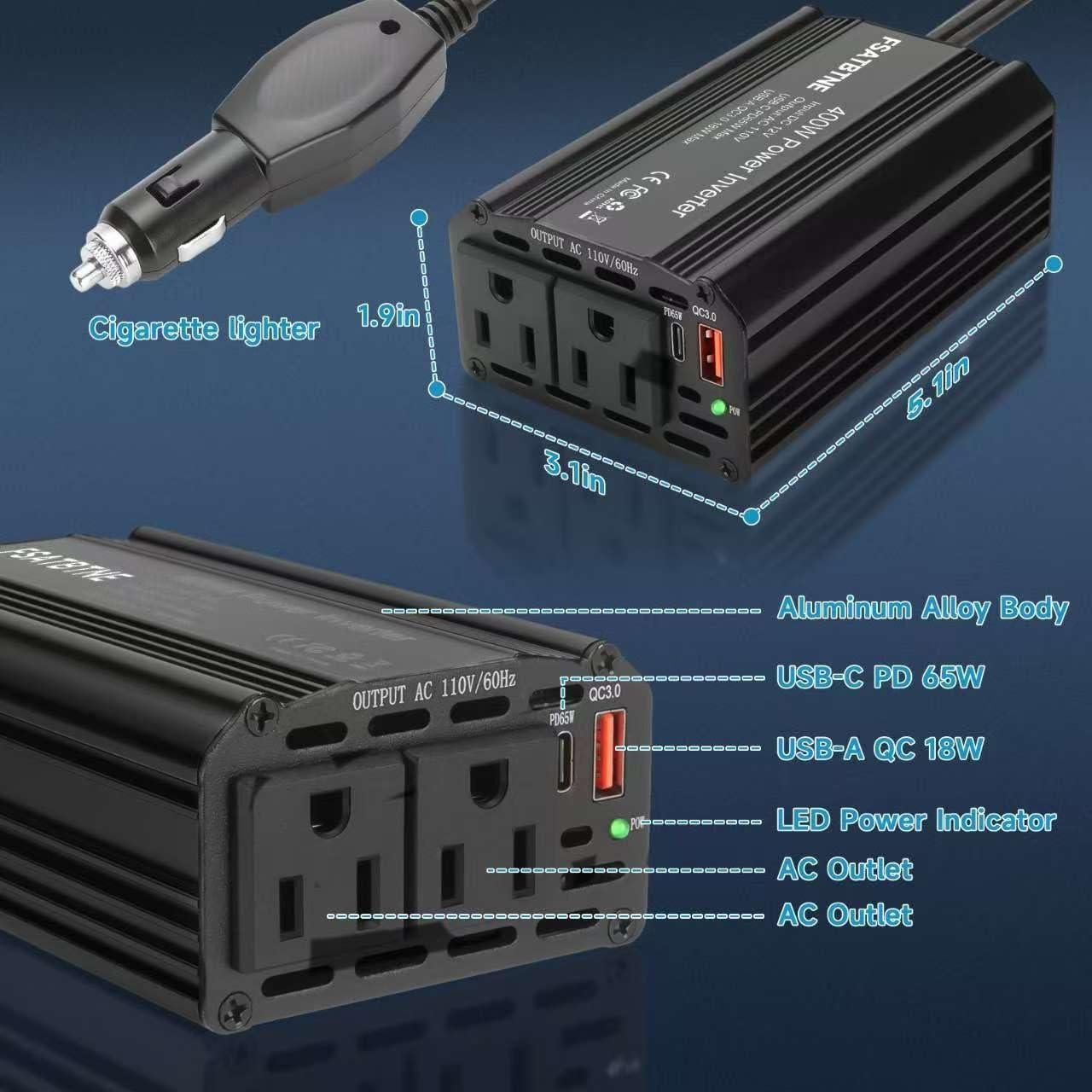 Inversor de Potencia 400W FSATBTNE con 2 Salidas AC y USB