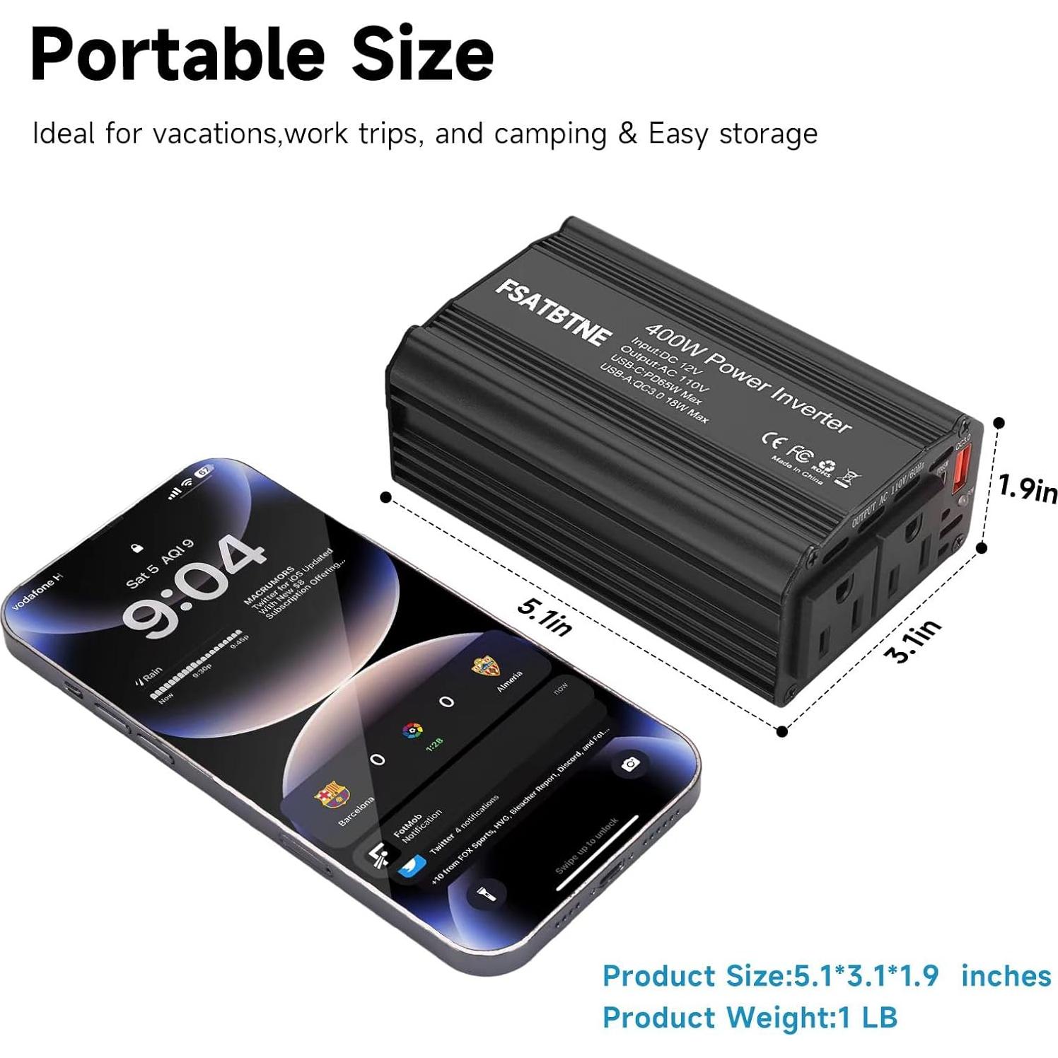 Inversor de Potencia 400W FSATBTNE con 2 Salidas AC y USB