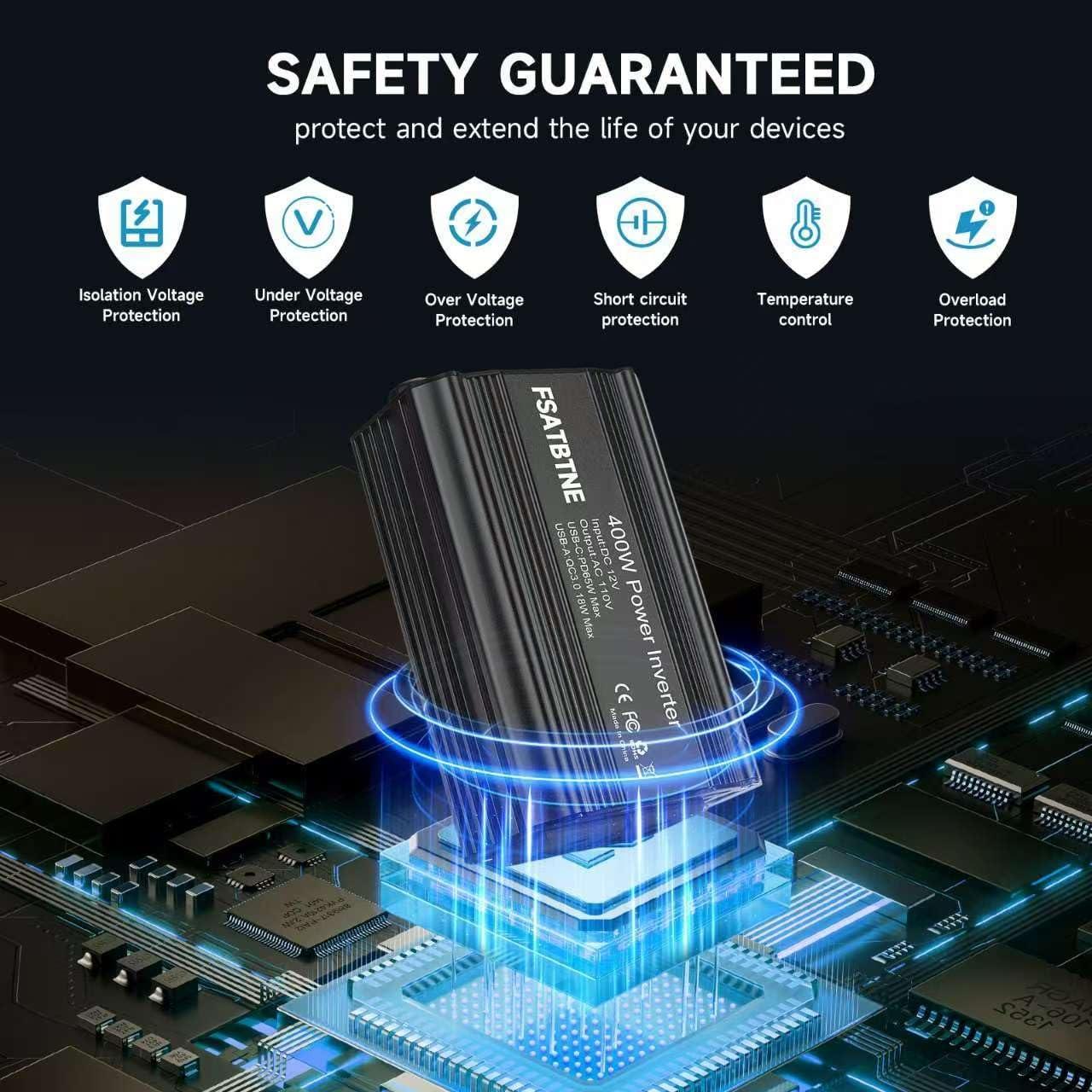 Inversor de Potencia 400W FSATBTNE con 2 Salidas AC y USB