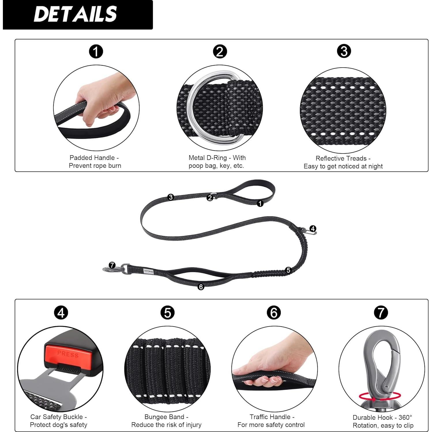 Correa Táctica para Perros S-ETOVUS 1.2m Doble Mango Reflectante