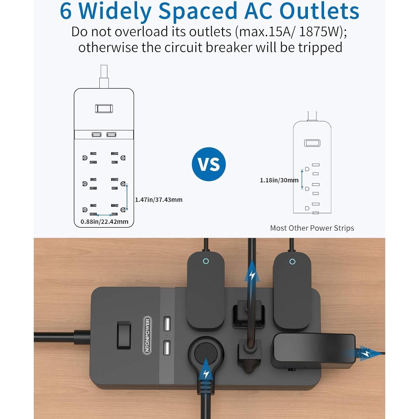 Regleta de Extensión NTONPOWER 2 Clavijas a 6 Salidas y USB 3m