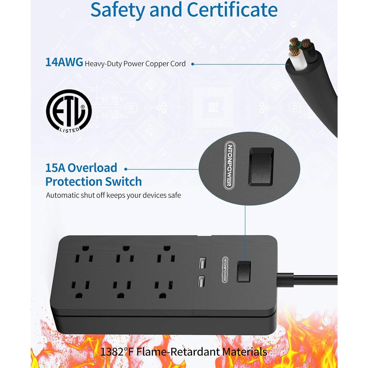 Regleta de Extensión NTONPOWER 2 Clavijas a 6 Salidas y USB 3m