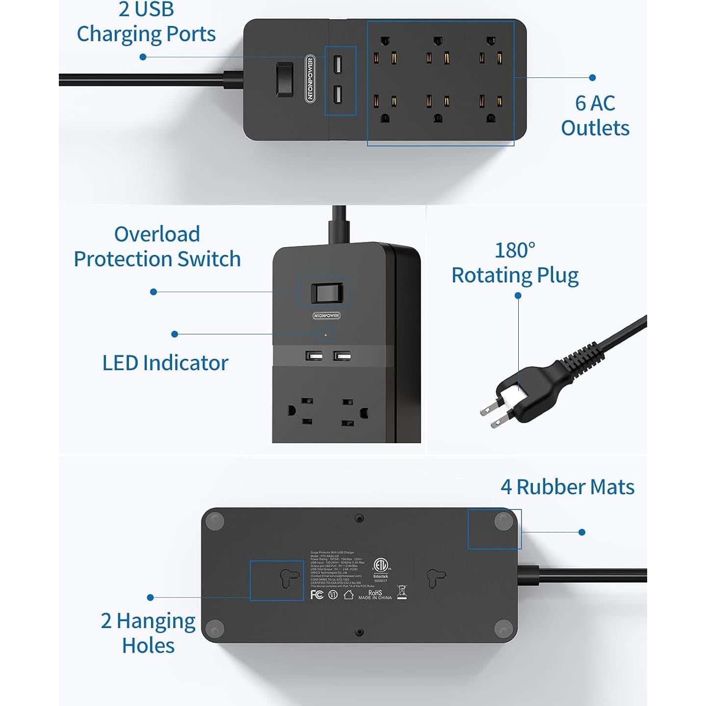 Regleta de Extensión NTONPOWER 2 Clavijas a 6 Salidas y USB 3m