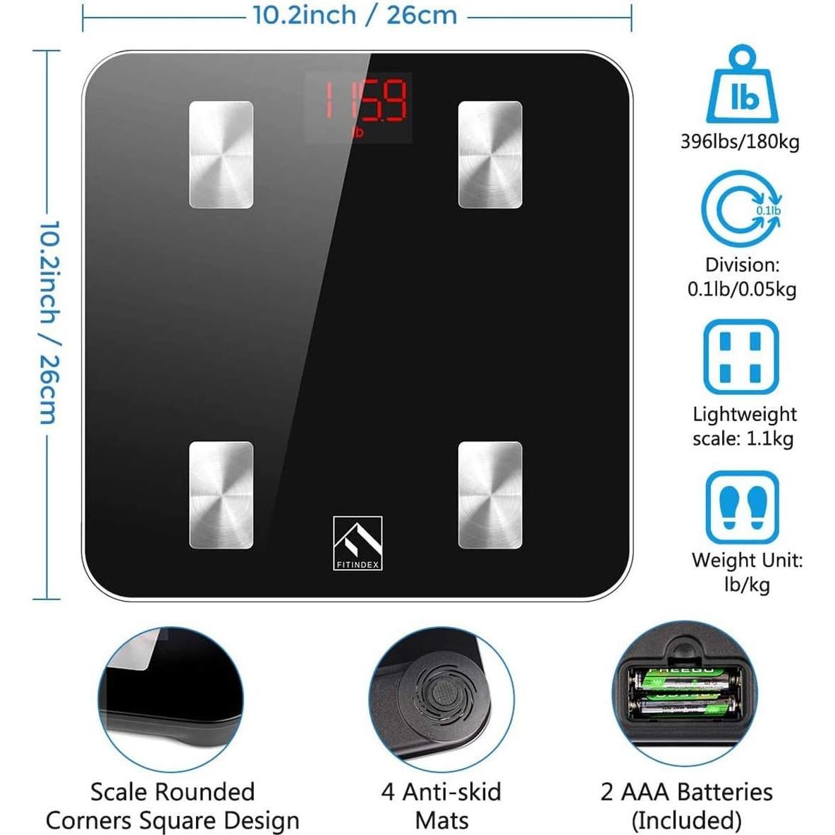 Báscula Inteligente FITINDEX FT-26BB-B con IMC y Grasa Corporal