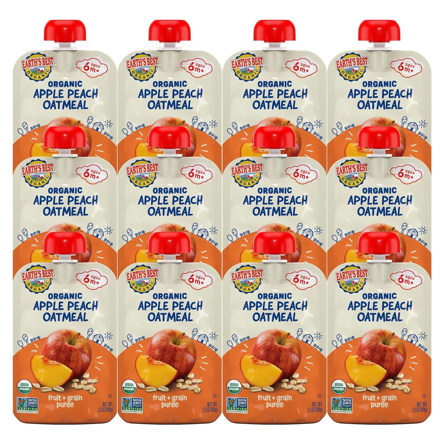 Pouches Orgánicos para Bebés Earth's Best - Manzana, Durazno y Avena 99.2g (Paquete de 12)