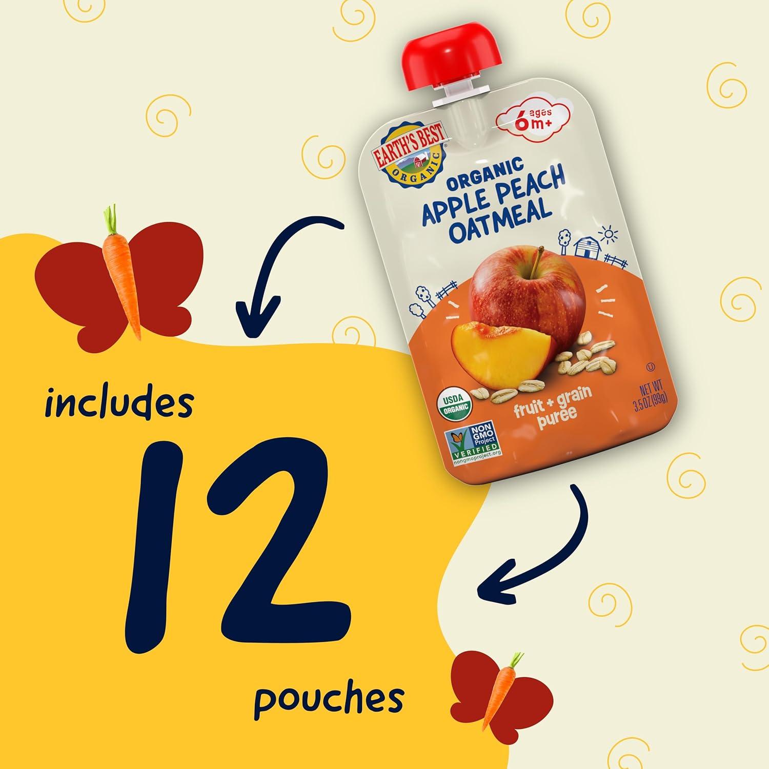 Pouches Orgánicos para Bebés Earth's Best - Manzana, Durazno y Avena 99.2g (Paquete de 12)