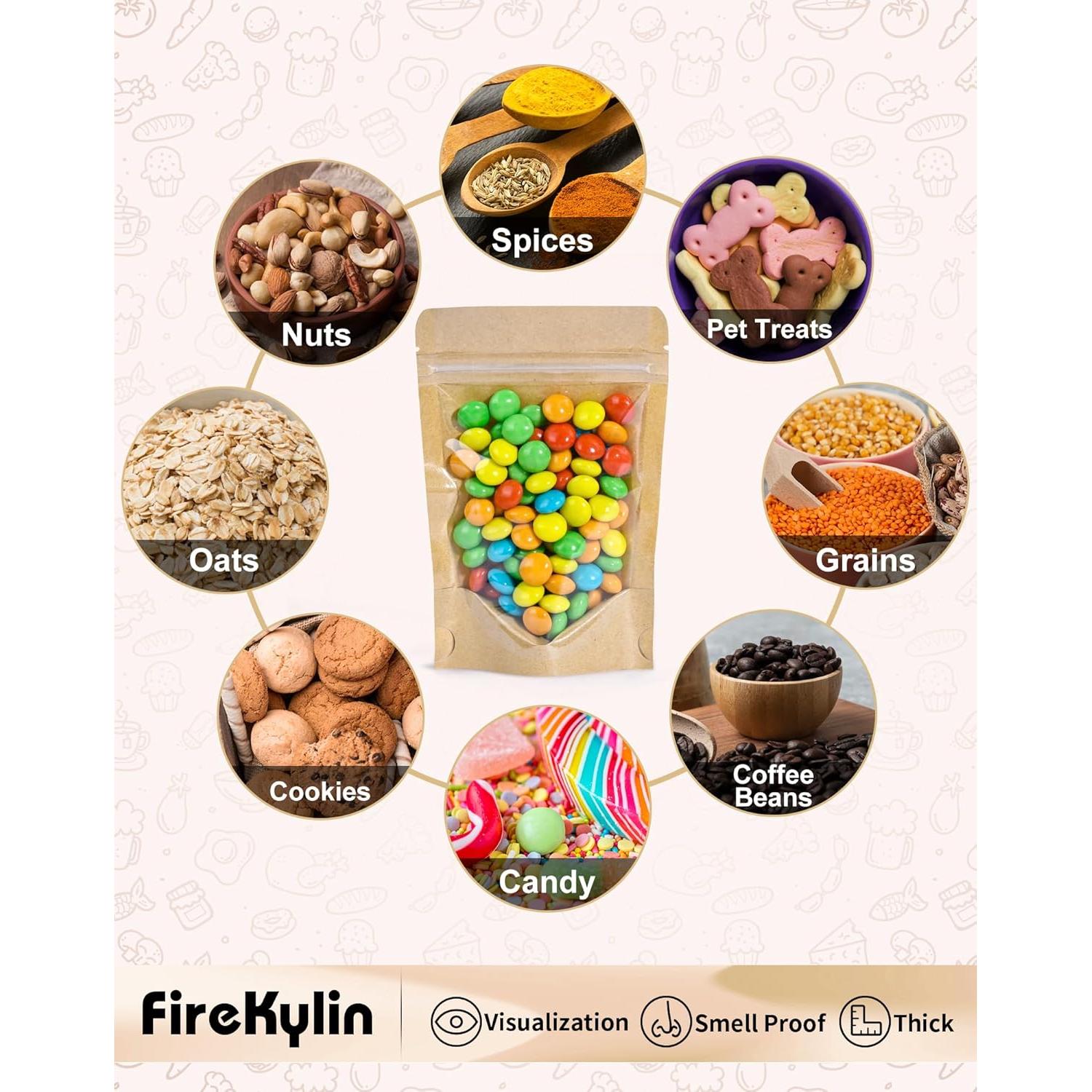 Bolsas de Pie Reutilizables FireKylin 100 Pcs 8.9x14 cm Kraft