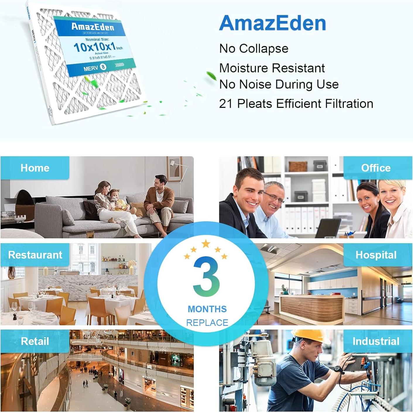 Filtro de Aire 10x10x1 MERV 8 AmazEden Paquete de 2