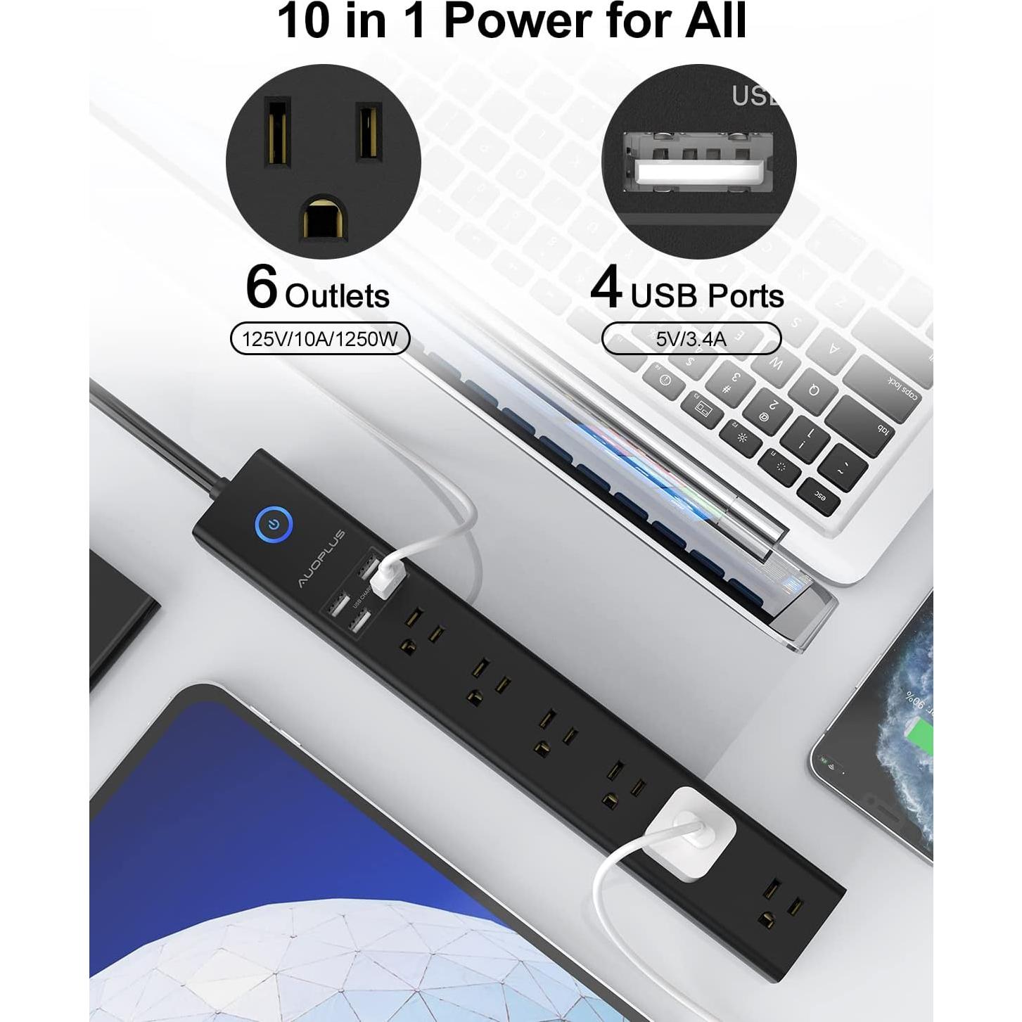 Regleta de Protección AUOPLUS 3M con 6 Salidas y 4 USB