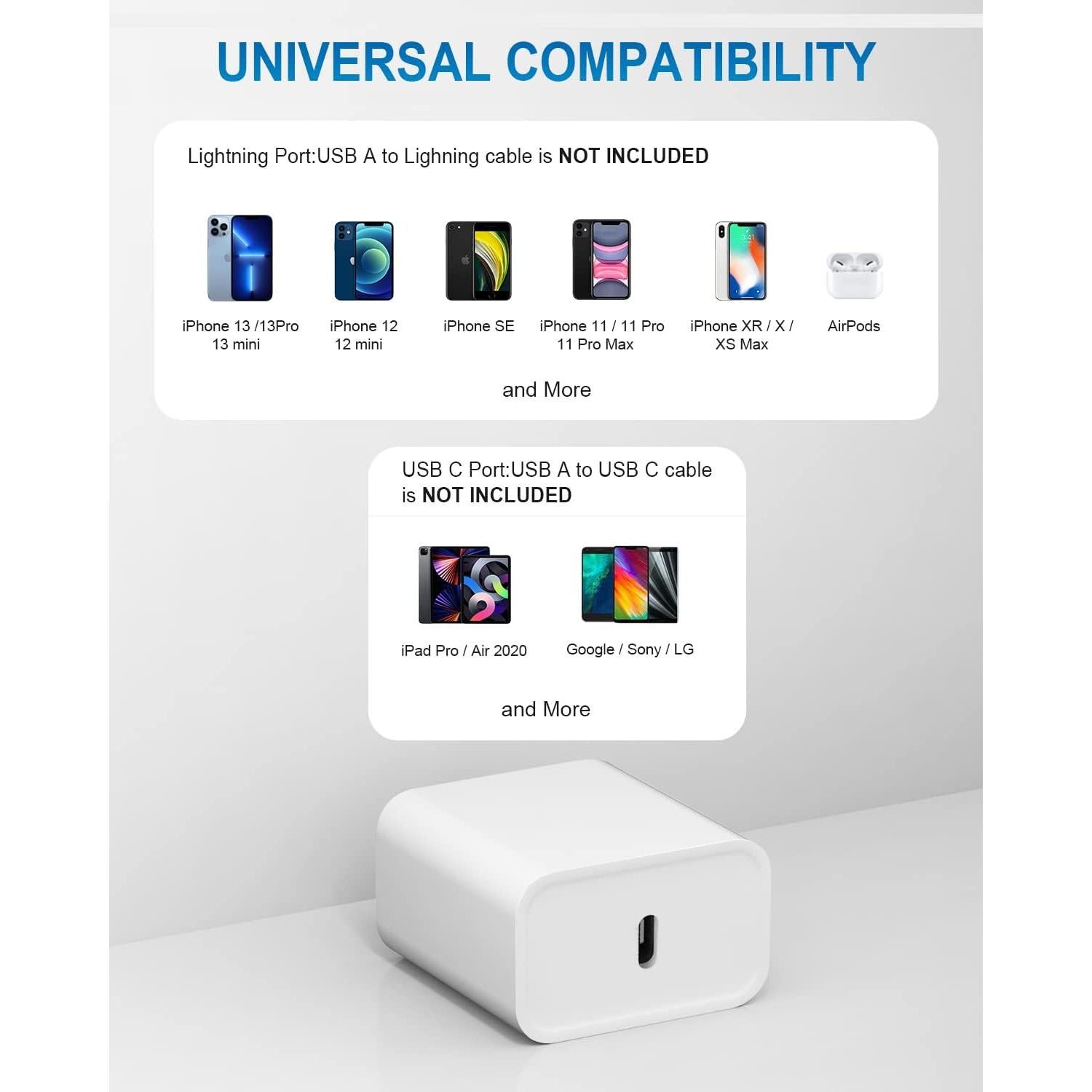 Cargador Rápido USB-C 20W para iPhone y iPad - 2x Cable 6FT