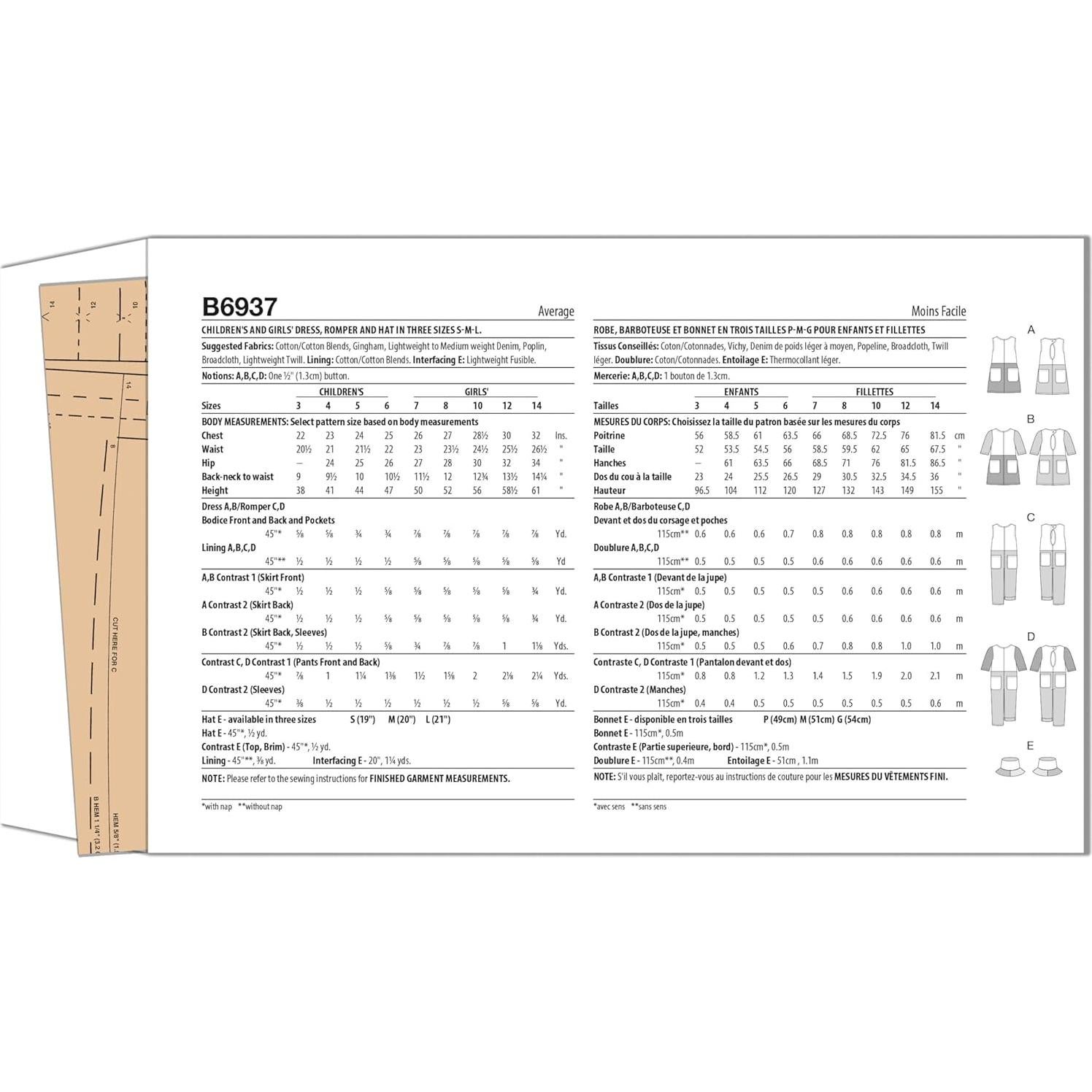Kit de Patrón de Costura Butterick B6937 para Niños 3-6 Años