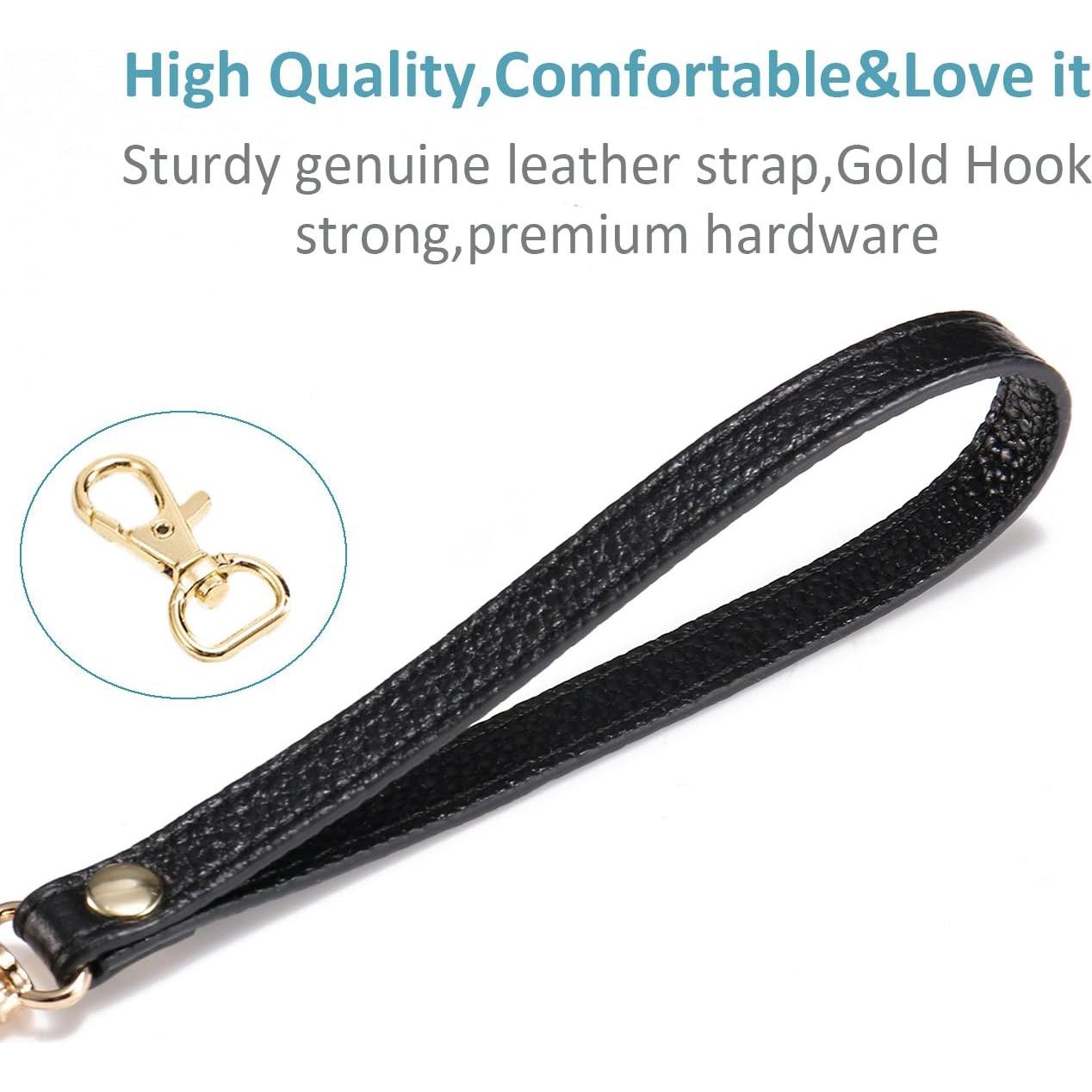 Correa de Muñeca de Cuero Genuino Negra para Cartera y Teléfono