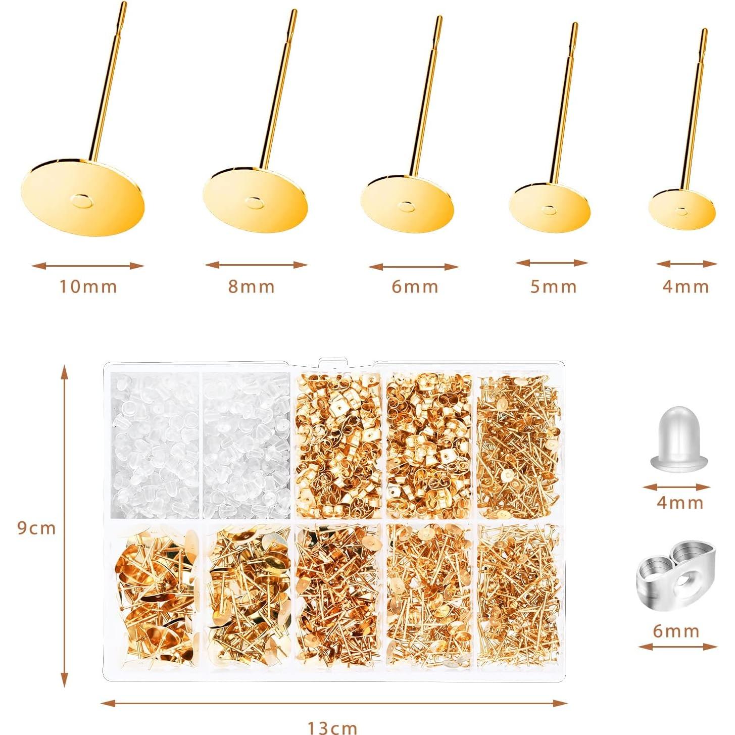 VERACT Earring Posts and Backs, 2000Pcs Golden Hypoallergenic Earring Studs for Jewelry Making Kit and Butterfly Earring Backs and Rubber Earring Backs with Box (4mm, 5mm, 6mm, 8mm, 10mm)