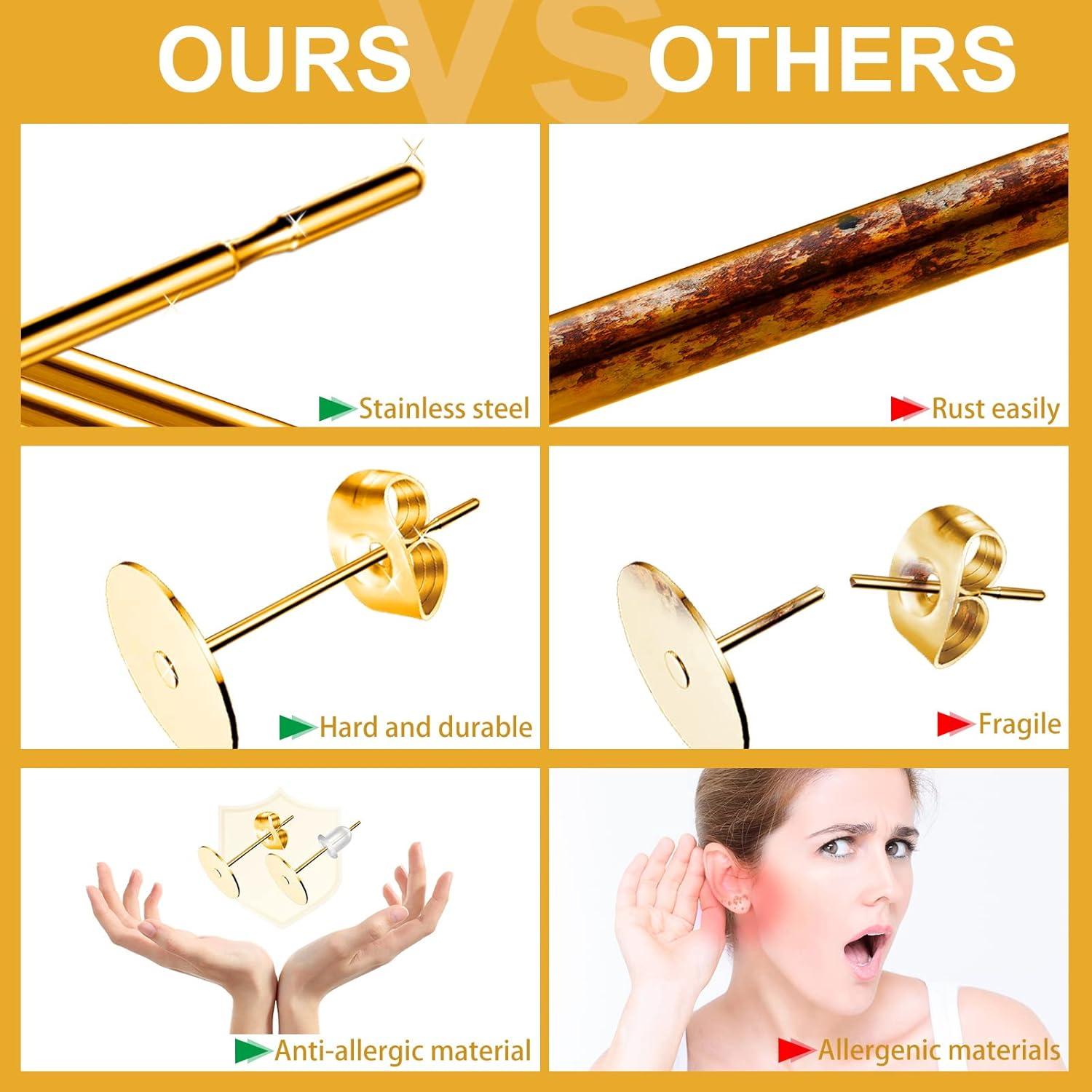 VERACT Earring Posts and Backs, 2000Pcs Golden Hypoallergenic Earring Studs for Jewelry Making Kit and Butterfly Earring Backs and Rubber Earring Backs with Box (4mm, 5mm, 6mm, 8mm, 10mm)