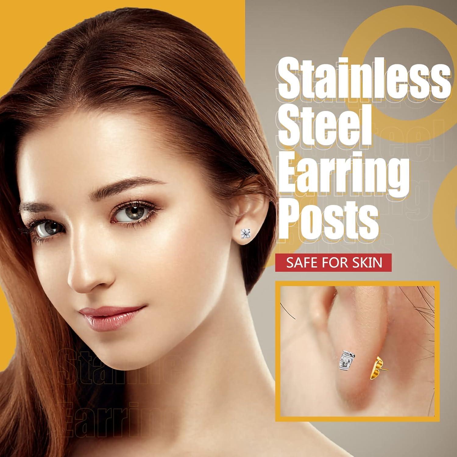 VERACT Earring Posts and Backs, 2000Pcs Golden Hypoallergenic Earring Studs for Jewelry Making Kit and Butterfly Earring Backs and Rubber Earring Backs with Box (4mm, 5mm, 6mm, 8mm, 10mm)