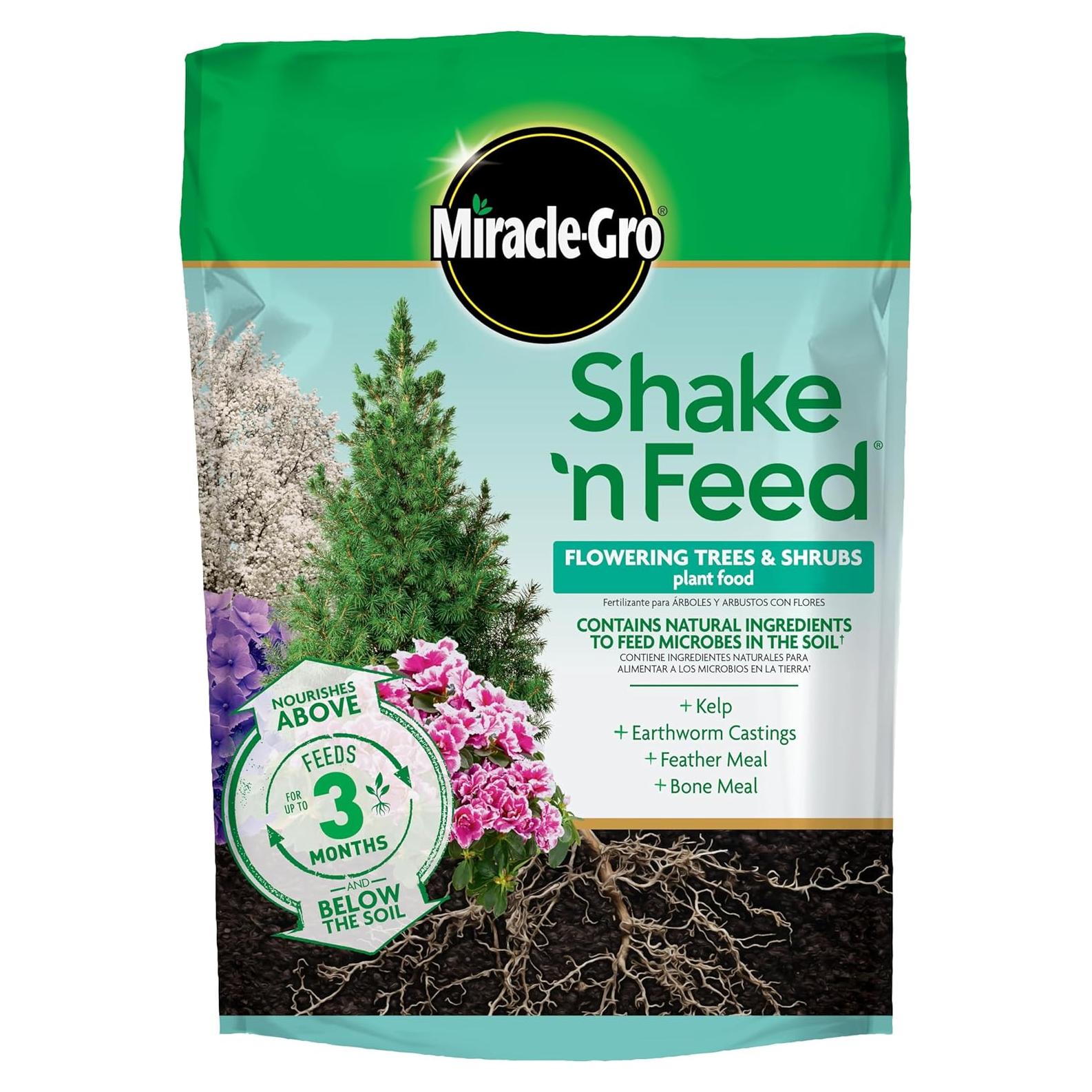 Miracle-Gro Shake 'N Feed Flowering Trees and Shrubs Plant Food, For In-Ground and Container Plants, Acid-Loving Flowering Plants, 8 lbs.