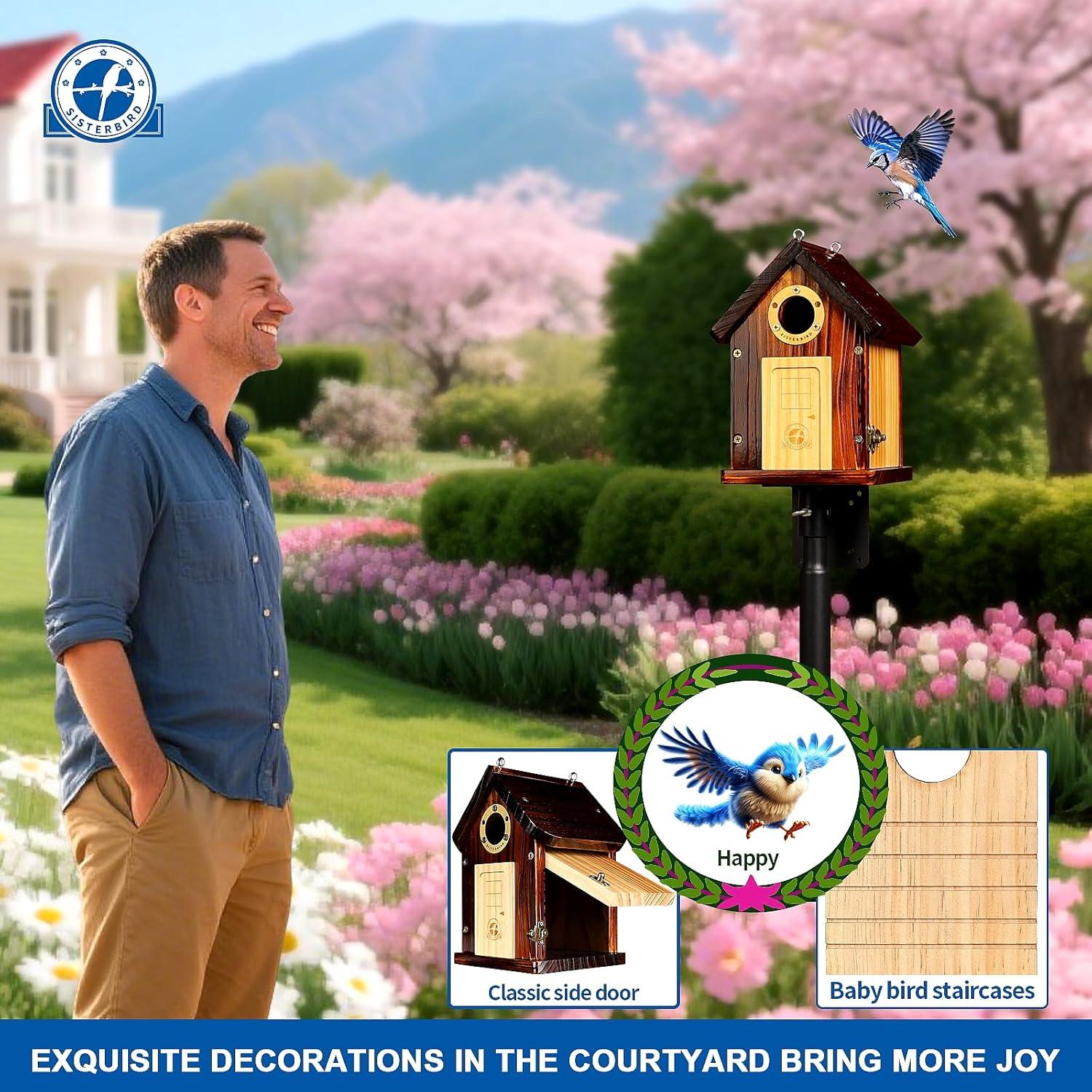 Bluebird Houses for Outside, Premium Bird Houses for Outside, Wooden Cabin Birdhouses for Outdoors, Weatherproof Courtyard Decorated Hanging Bird House, Nesting Bird House