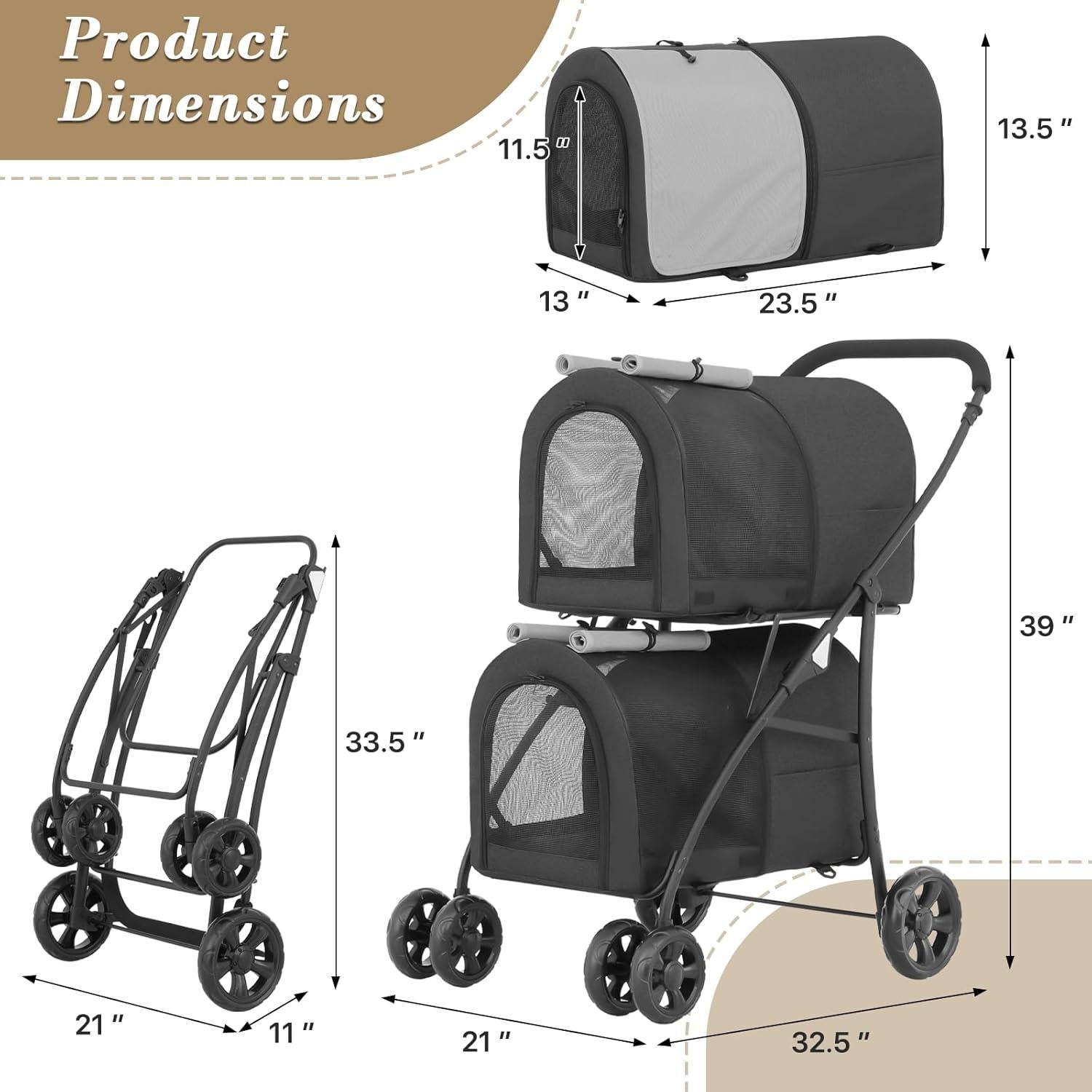 Carrito Doble para Mascotas Colección Athena Negro 4 en 1