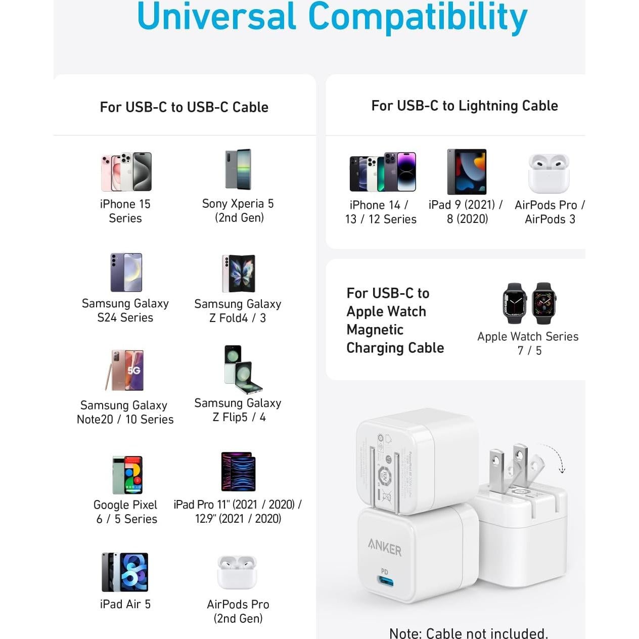 Cargador USB C Anker 20W Plegable - Paquete de 3