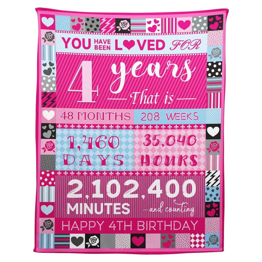 4 Year Old Girl Birthday Gifts, Pink Love Rose Elements Happy Birthday Blanket, Ideal Birthday Party Decoration for Kids, 50"x60"