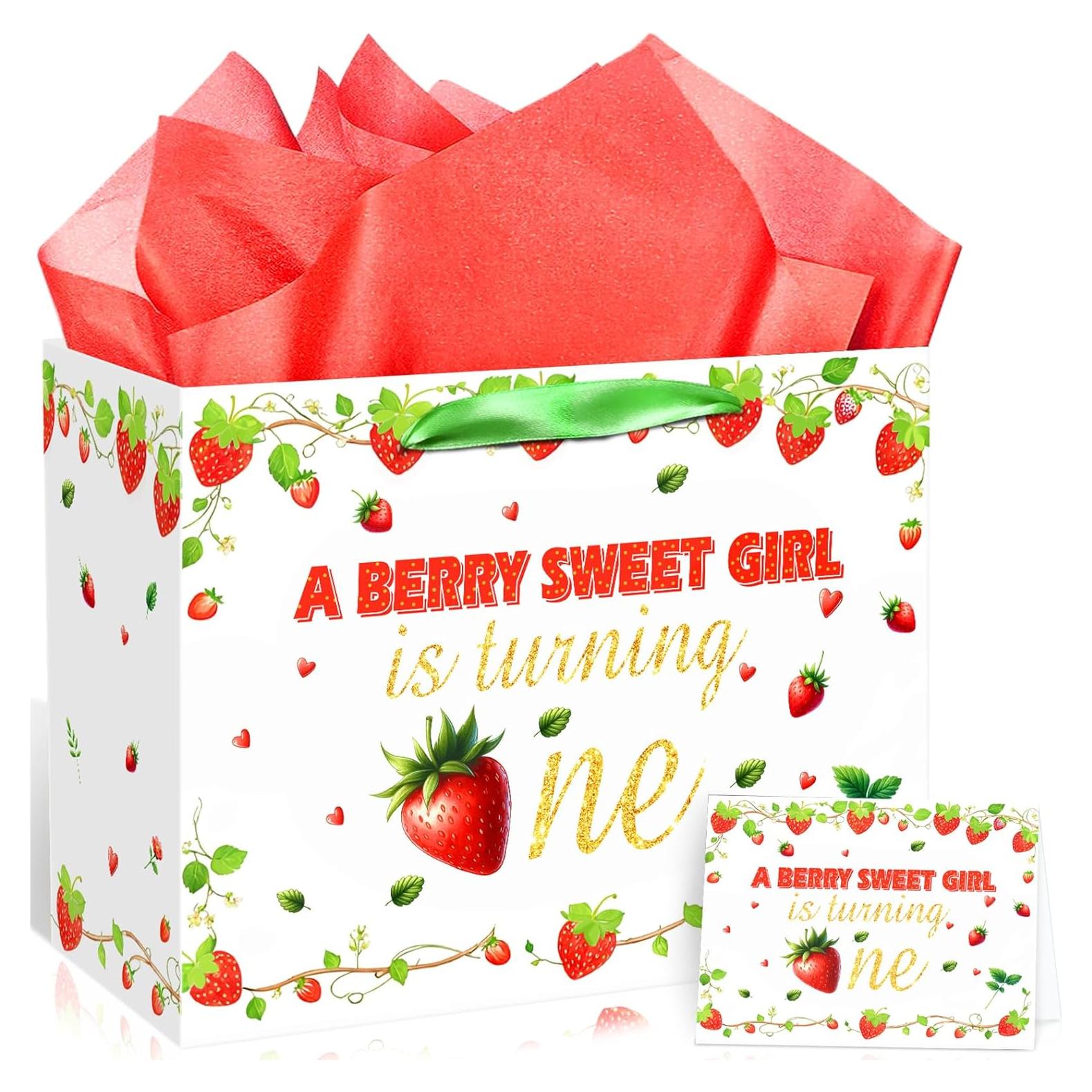Bolsa de Regalo para 1er Cumpleaños Niña Fresa con Tarjeta