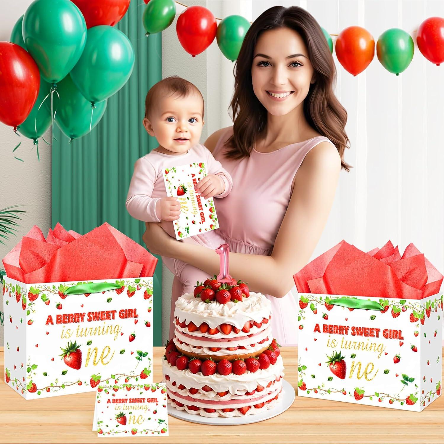 Bolsa de Regalo para 1er Cumpleaños Niña Fresa con Tarjeta