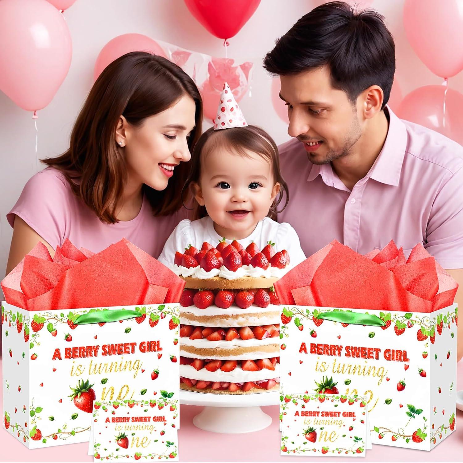 Bolsa de Regalo para 1er Cumpleaños Niña Fresa con Tarjeta