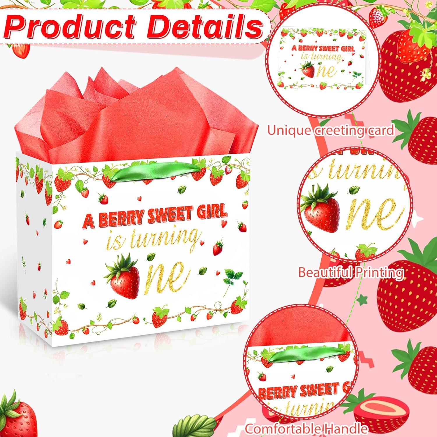 Bolsa de Regalo para 1er Cumpleaños Niña Fresa con Tarjeta