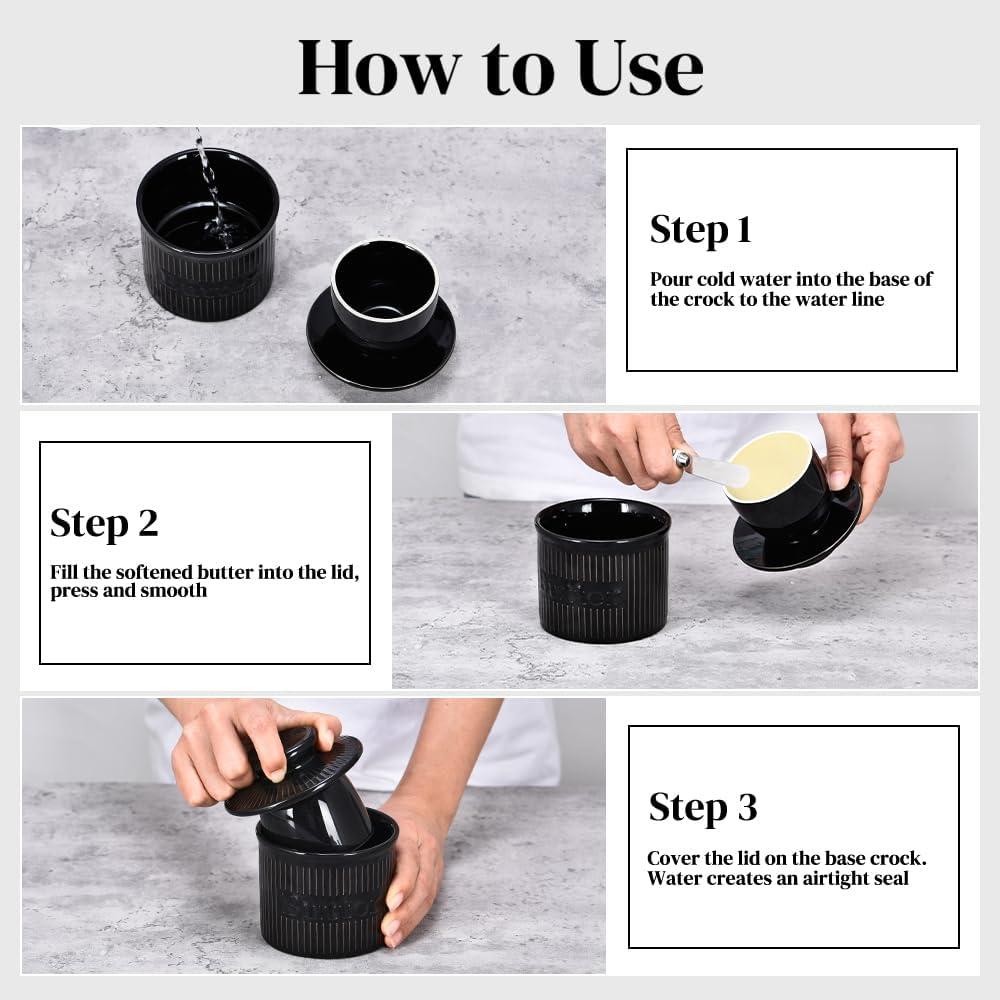 Crock para Mantequilla Ursword Negro con Tapa y Sello de Agua