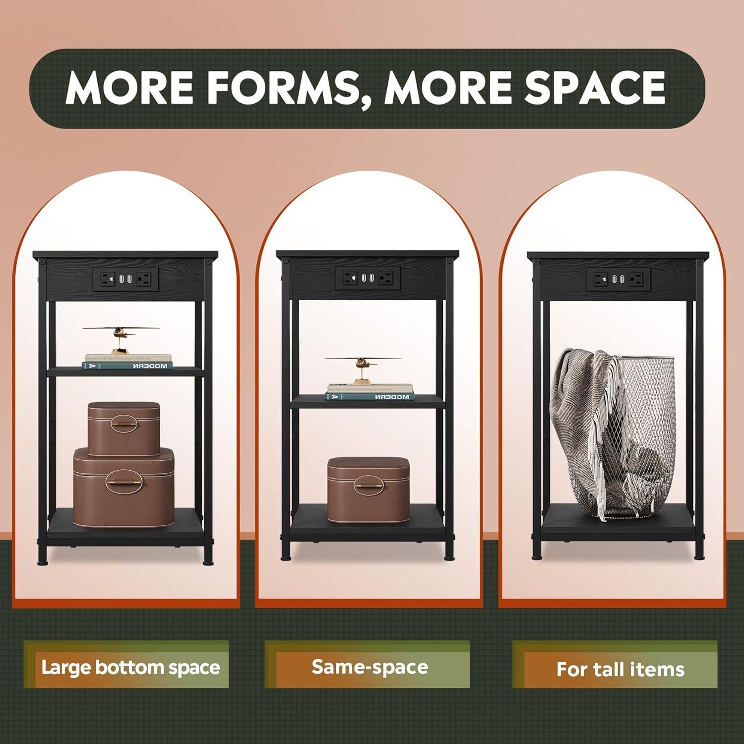 Mesa Lateral WLIVE Negra con Estación de Carga y 3 Estantes